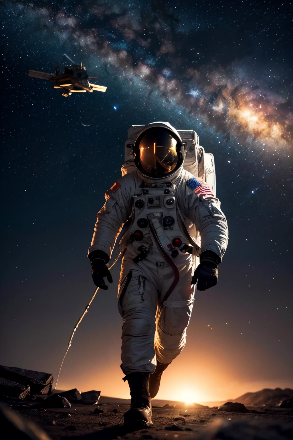 The astronaut's suit glimmers in the light of the distant stars, their body weightless as they approach the massive meteor. The scene is a perfect blend of science fiction and retro comic book art, a visual feast for the eyes.