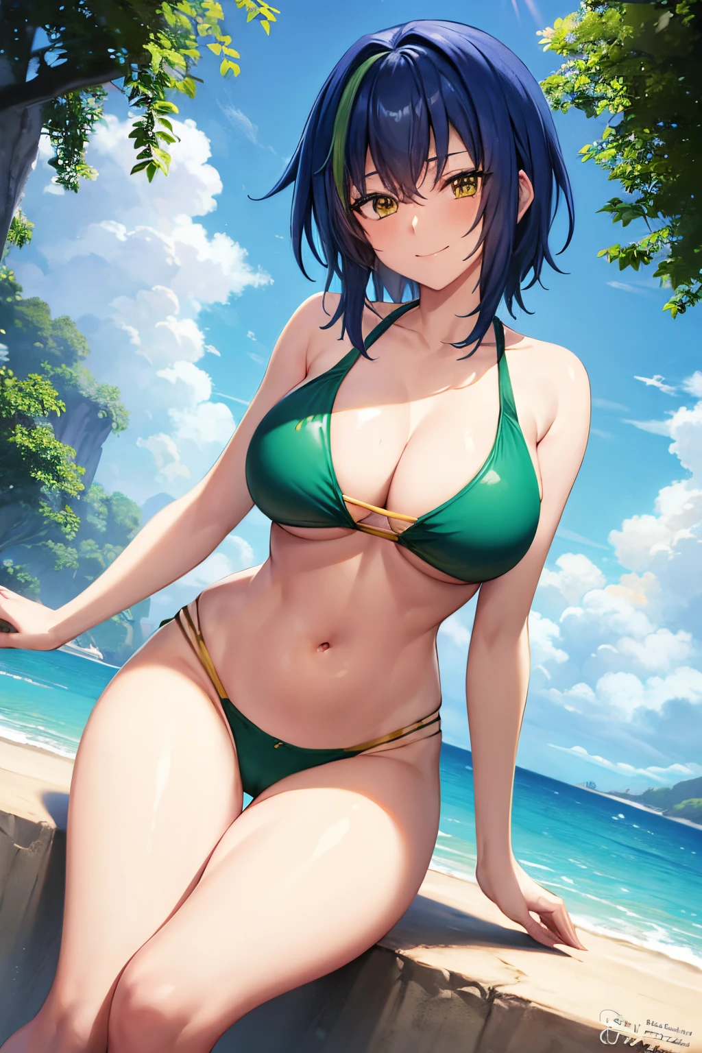 masterpiece, best quality, best aesthetic, anime, ultra detailed,
xenovia quarta, 1girl, (blue,green hair, yellow eyes:1.1025), (wide hips:1.1025), (large breasts:1.1025), (midriff:1.1025), (navel:1.1025), xenovia_bikini, (green bikini, multi-strapped bikini :1.2), long legs, cowboy shot, looking at viewer, (smile, closed mouth:1.2), front view, arms at sides, outdoors, beach, sunlight,