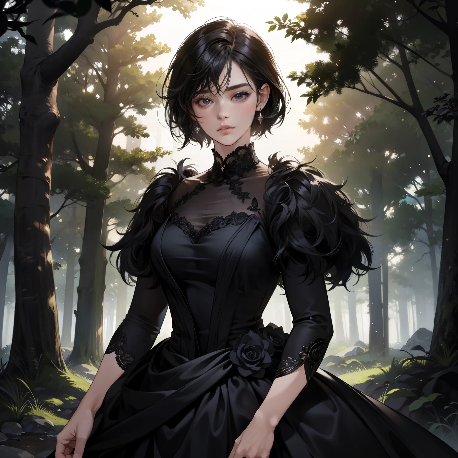 Masterpiece, high quality, best quality, HD, realistic, perfect lighting, detailed body, 1 woman, black eyes, short hair, Black Hair, glowing, black gown dress, forest background.