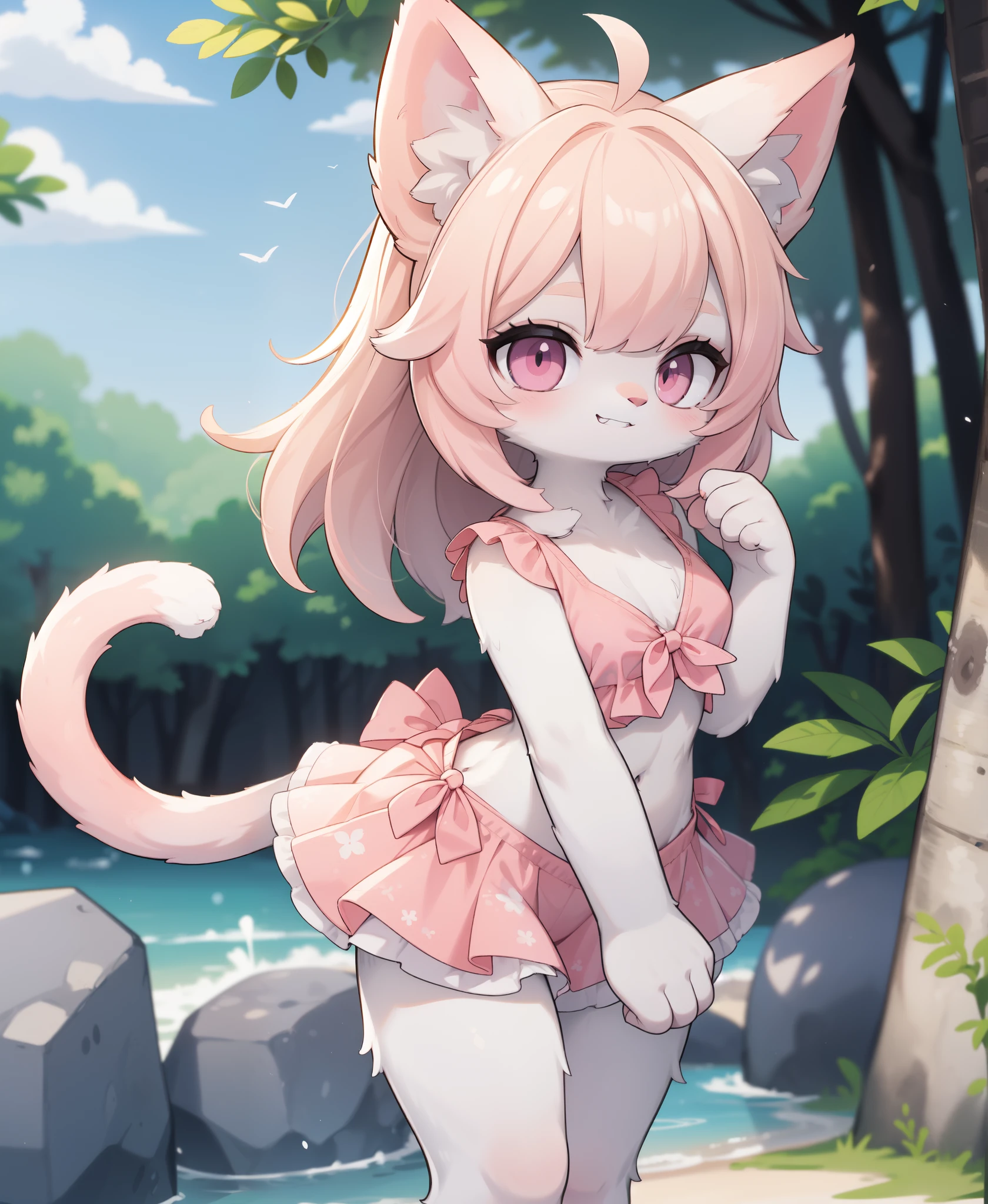 Furry Girl,Rabbit ears,pink bikini,in the forest, Sea of flowers, cowboy shooting,Smile, hair accessories, looking at the audience, One hand up, head tilt