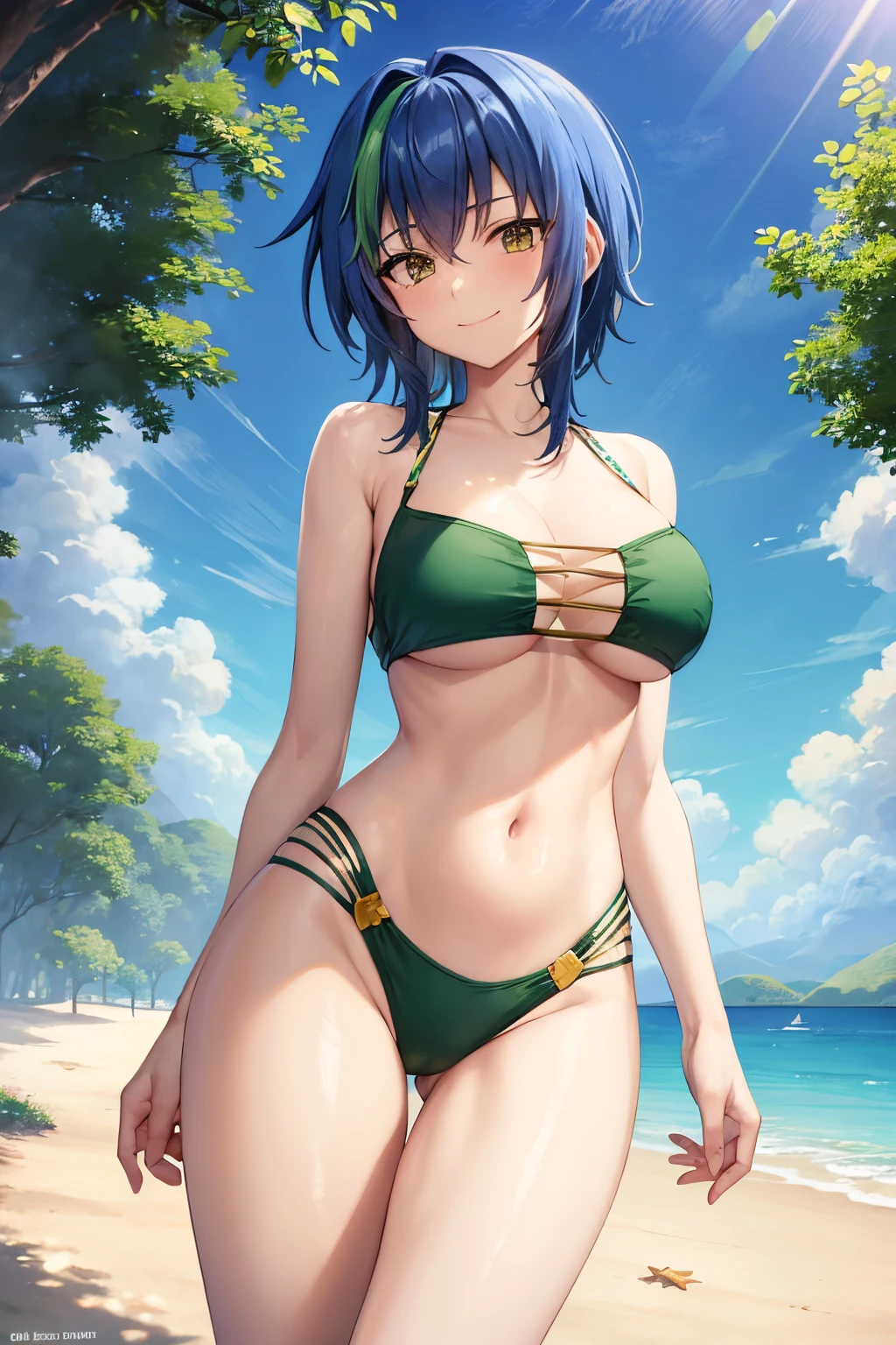 masterpiece, best quality, best aesthetic, anime, ultra detailed,
xenovia quarta, 1girl, (blue,green hair, yellow eyes:1.1025), (wide hips:1.1025), (large breasts:1.1025), (midriff:1.1025), (navel:1.1025), xenovia_bikini, (green bikini, multi-strapped bikini :1.2), long legs, cowboy shot, looking at viewer, (smile, closed mouth:1.2), front view, arms at sides, outdoors, beach, sunlight,