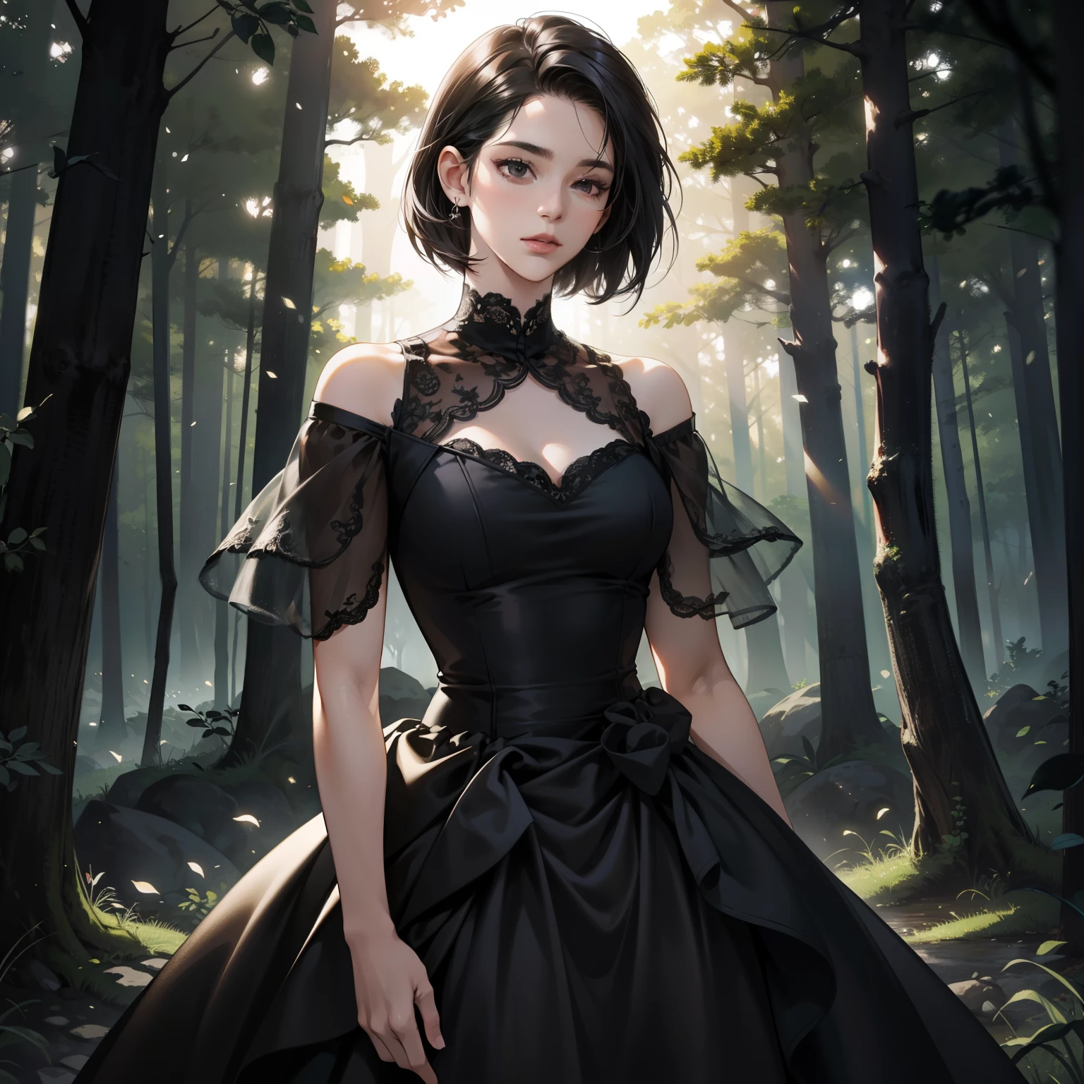 Masterpiece, high quality, best quality, HD, realistic, perfect lighting, detailed body, 1 woman, black eyes, short hair, Black Hair, glowing, black gown dress, forest background.