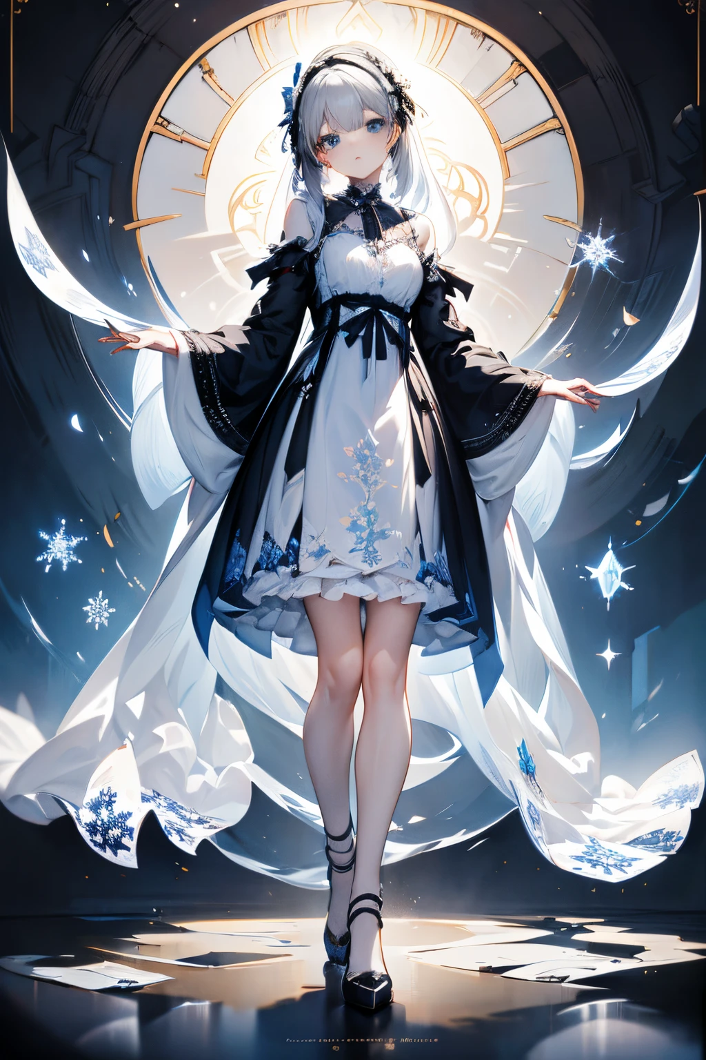 Long grey hair，blue color eyes，Snowflower，Snowflake pattern，multilayer ****ta skirt，full body Esbian，full body standing painting