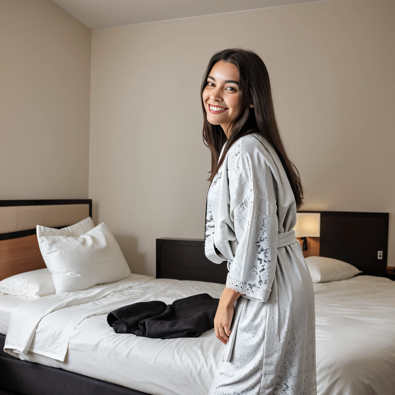 beautiful brazilian brunette model with long hair in a robe standing in a hotel room. she is alone, wearing black lace inside, posing infront of bed, smiling, a portrait by Emma Andijewska. The bed is behind the model.