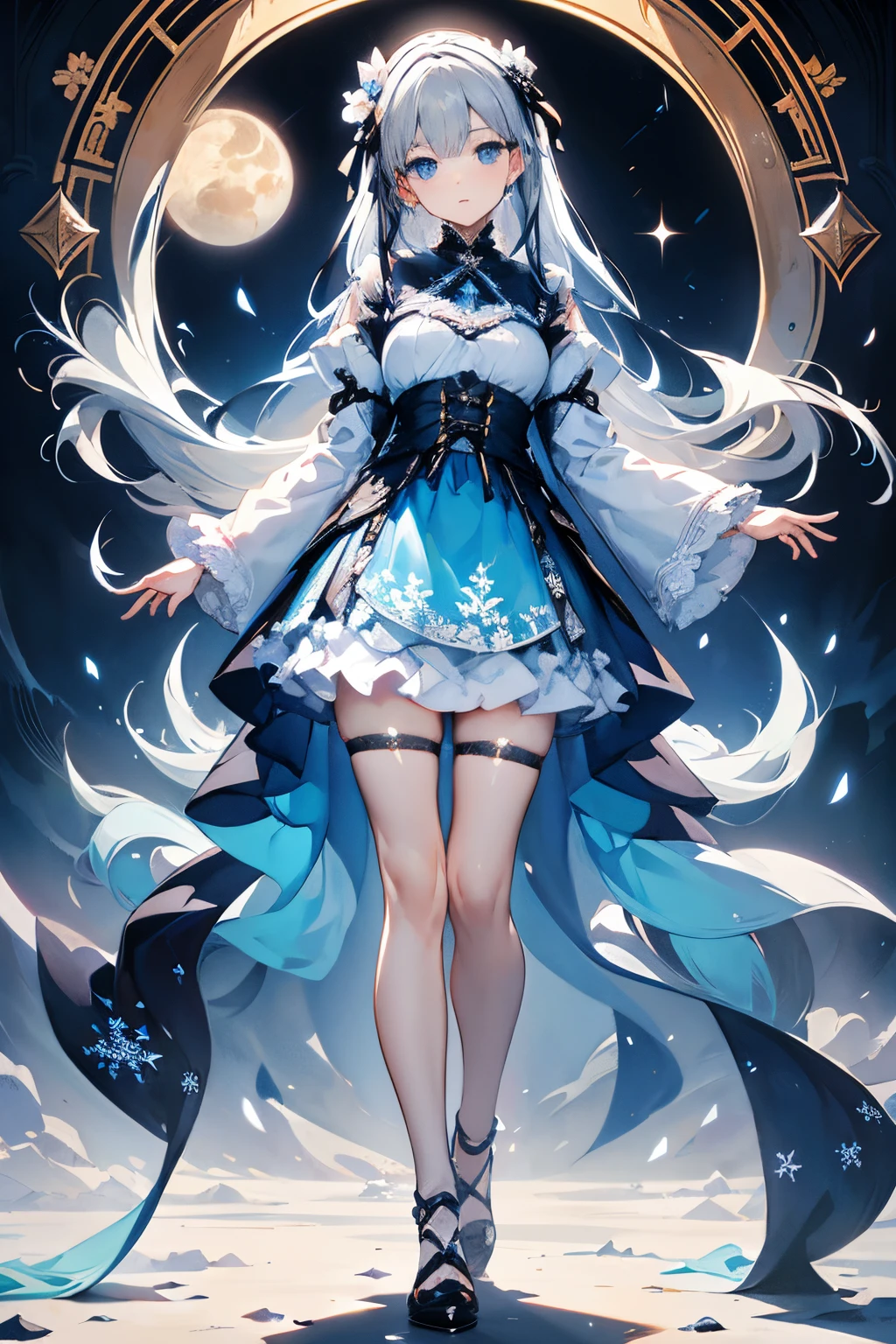 Long grey hair,blue color eyes,Snowflower,Snowflake pattern,multilayer lolita skirt,full body Esbian,full body standing painting