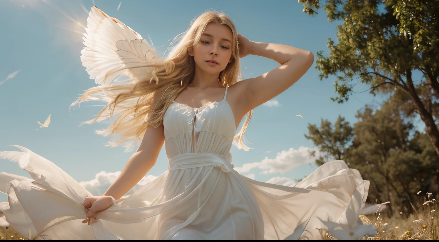 A beautiful girl ukrainian blonde angel stands and looks against the sky,illustration,feather wings flowing in the wind,shimmering halo above her head,golden sunlight illuminating her soft features,ethereal presence,floating white dress,breathtaking scenery in the backdrop,butterflies dancing around her,subtle rays of light piercing through the clouds,sublime serenity and tranquility,best quality,ultra-detailed,portraits,soft pastel colors,soft diffused light