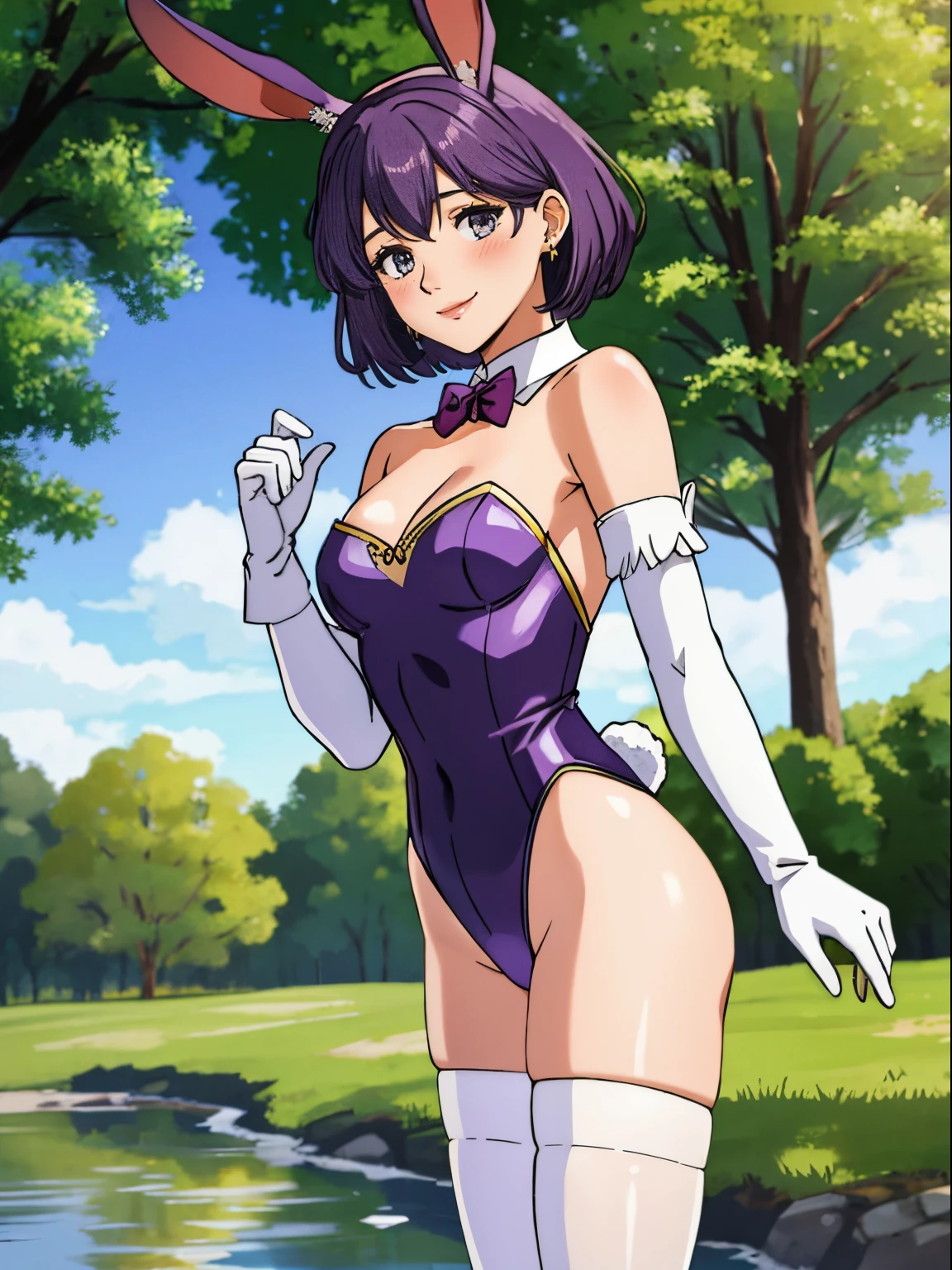 defBernie, purple hair, 1girl, solo, small breasts, looking at viewer, blush, large breasts, nature, pond, trees, park, long white elbow satin gloves, holding, animal ears, cleavage, bare shoulders, jewelry, very l, gentle smile, pantyhose, earrings, rabbit ears, blue leotard, fake animal earunny, long white elbow gloves