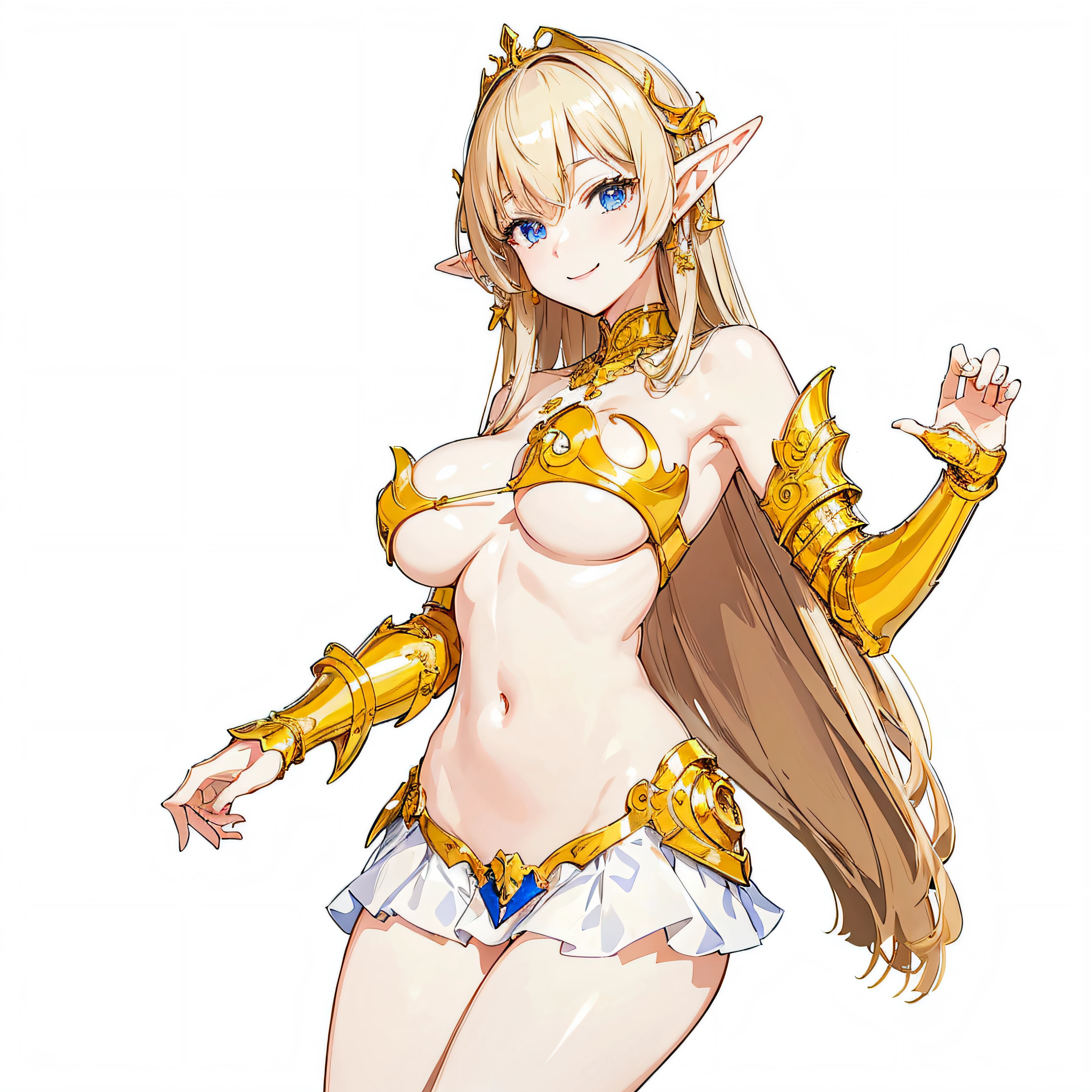 masterpiece、top-quality、ighly detailed、hight resolution、16k、fullnude、Teetoob proportions、golden armour、Very thin skirt、Black pants、Very white skin、Beautiful fingers、Anime girl with very big breasts posing naked、Perfect Style、elvish、no-bra、Blonde blue-eyed、A smile、An elf girl