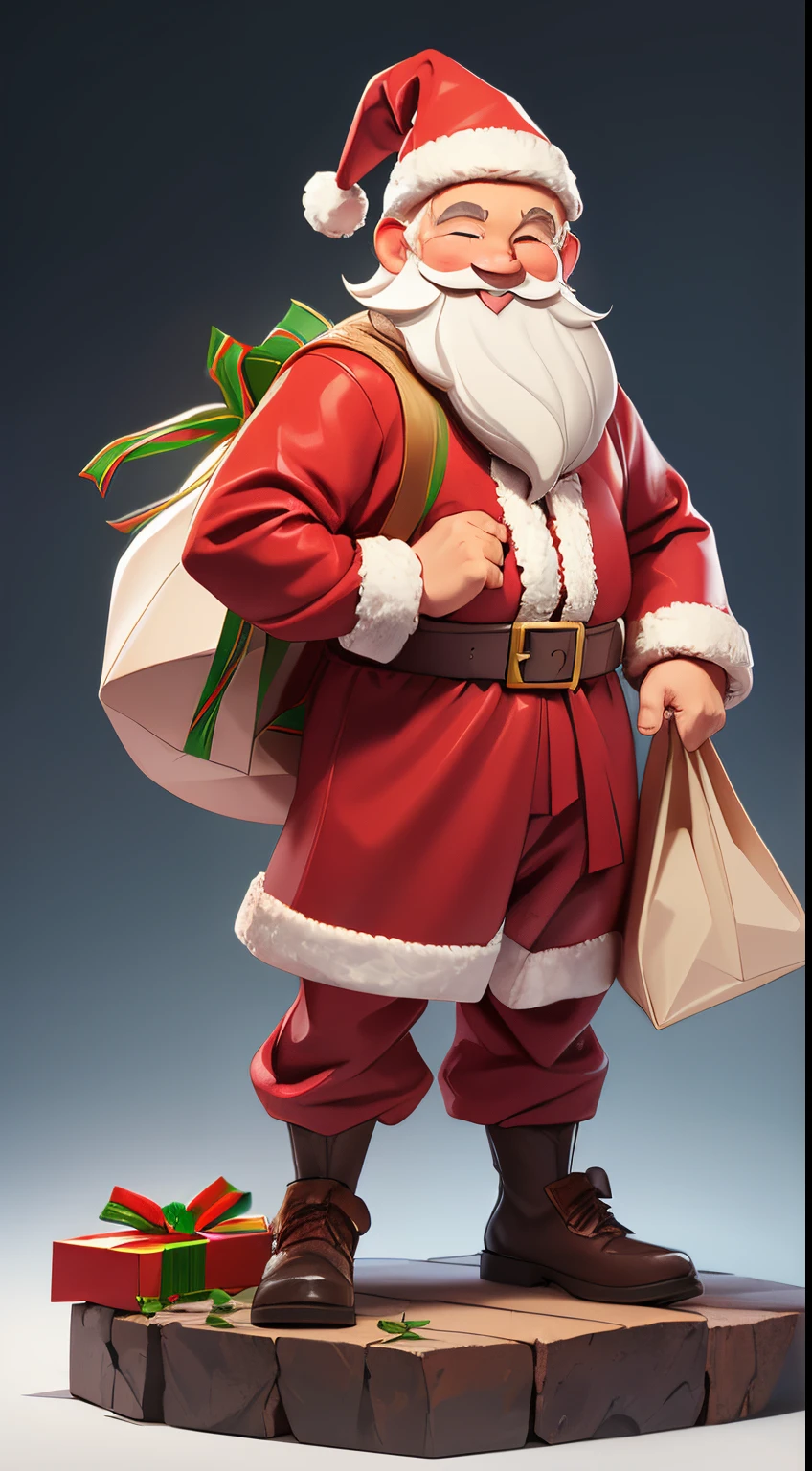 Full body drawing of santa clause smiling and holding a gift bag on his back , studio lighting , basic simple white studio background, different size and shape of gift box on the ground around him .