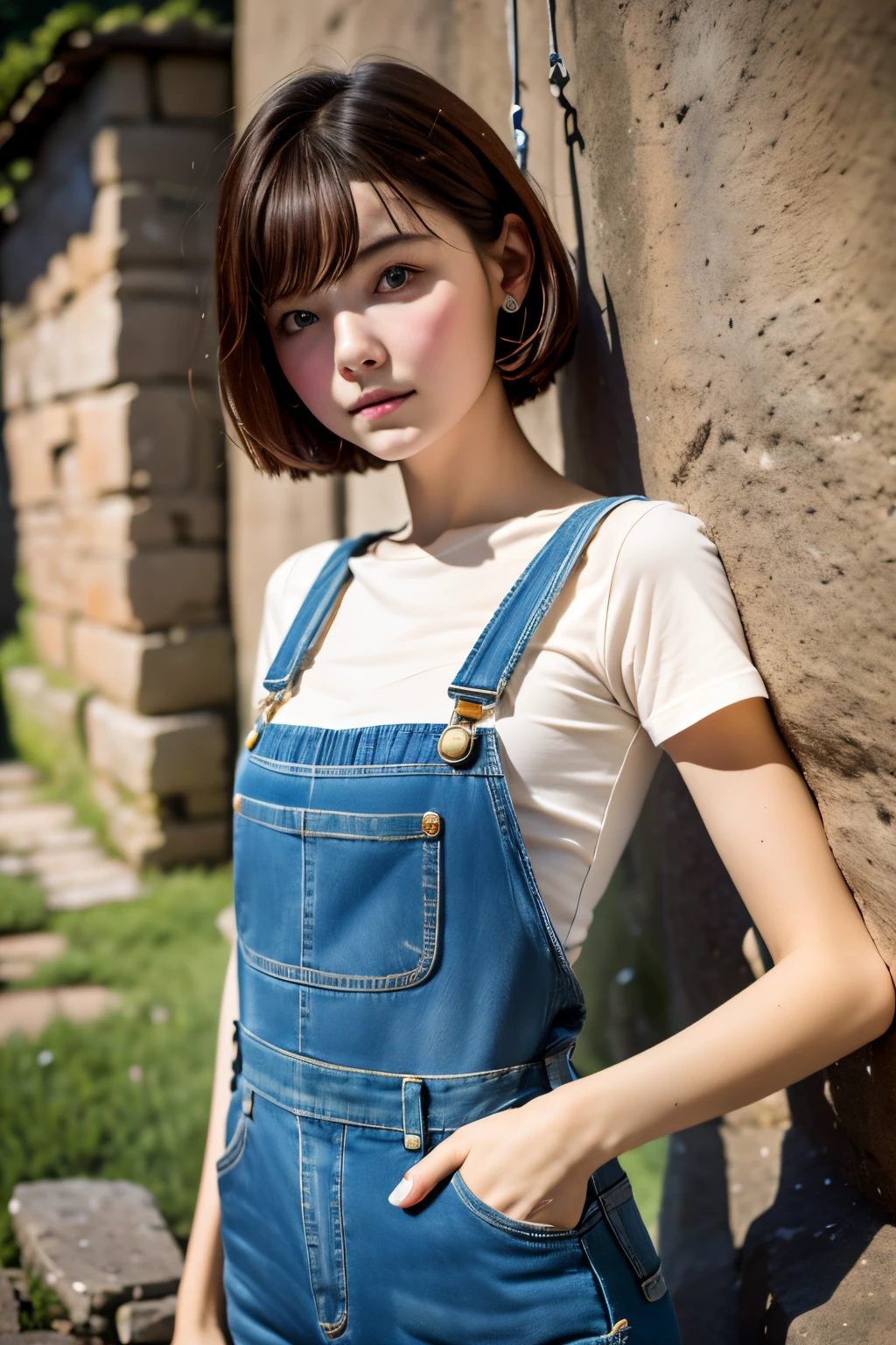 (masterpiece), (best qualtiy), 8K resolution, 1girl in, Breathtaking beauty, face perfect, the perfect body, 14years, A sexy, ciinematic light, short-haired, small tits、Ultra small size 、Wearing overalls、Stonewash、((Climb on top of the person watching you))