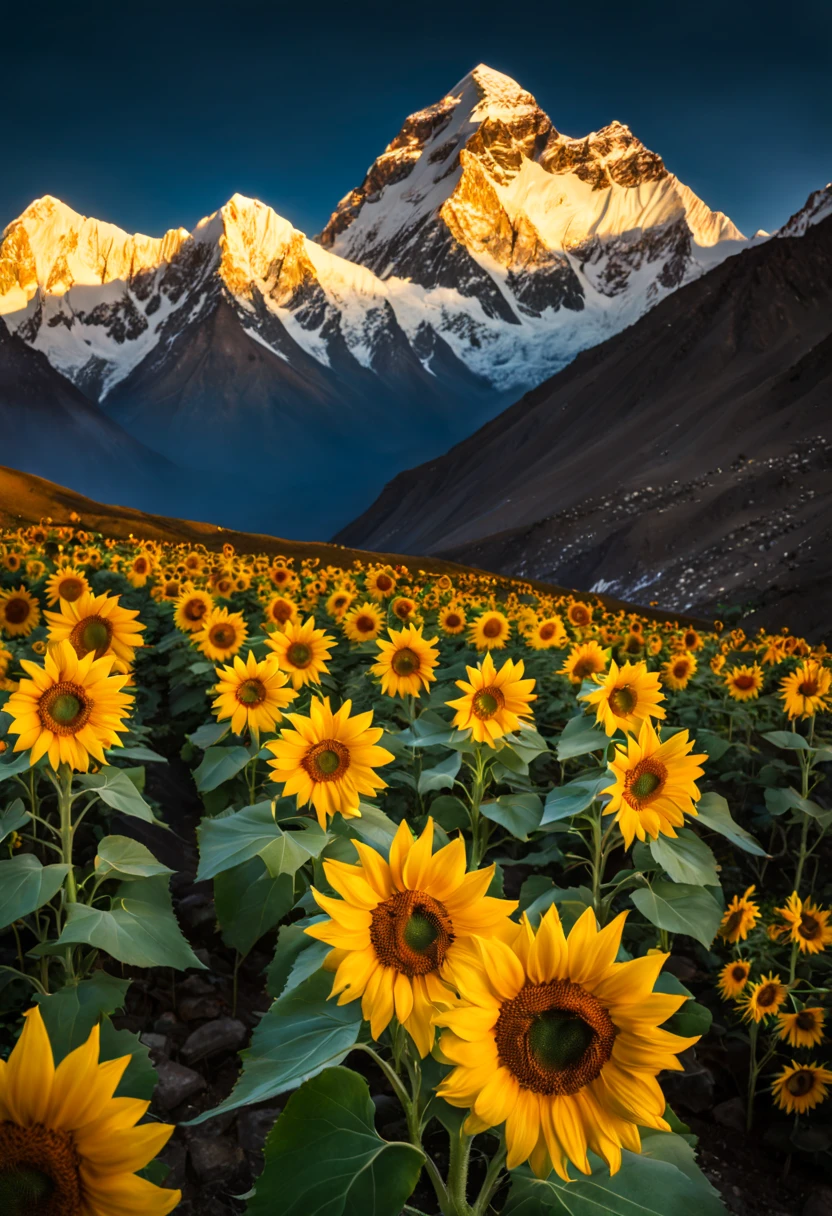 A stunning combination of natural beauty and extreme terrain, Vibrant sunflowers bloom on the summit of Mount Everest, Fight harsh conditions with radiant petals. This stunning scene exemplifies the resilience and tenacity of nature, Because sunflowers symbolize hope and vitality in the unlikeliest of places, god light, glowing light, A high resolution, Best quality at best, high qulity, 16k, tmasterpiece