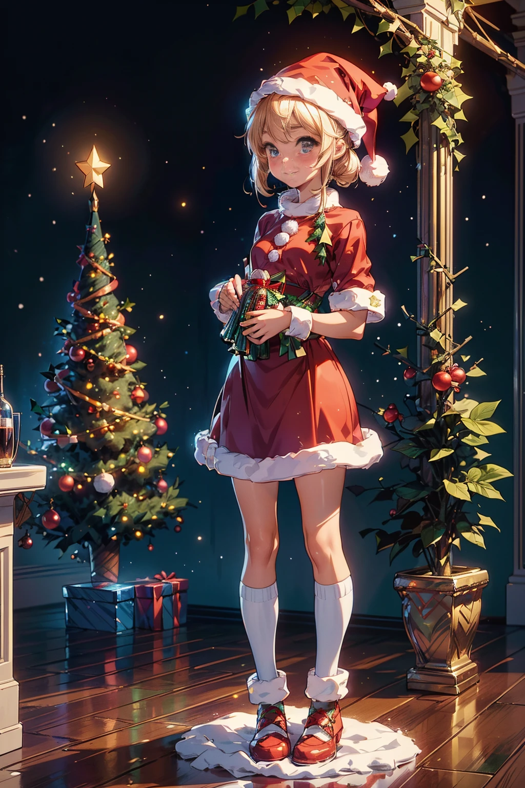 (Best quality, 8K, A high resolution, tmasterpiece:1.2), ultra - detailed, (actual, realistically:1.37), Vibrant colors, Magical atmosphere, Whimsical, ((sky full of stars，The North Star shines))，(((Use an illustration style), The room is decorated with a strong Christmas atmosphere. A string of shining colored lights hangs on the wall, Christmas wreath and little snowman on the windowsill, In the corner of the room stands a beautifully decorated Christmas tree. On a table, There are beautiful cutlery and red plates. In the center of the table, Have a sumptuous Christmas feast, Next to it is a bottle of red wine and two exquisite wine glasses. ((A boy wearing a cute Santa hat, A girl wearing a cute Santa Claus costume, They snuggle together)), Smiling and looking at each other，Eyes full of happiness and warmth. There are several scented candles lit in the room, It exudes a faint fragrance. Warm fire burning in the fireplace, Brings warmth and comfort to the entire room, Surreal, Psychedelic, Complicated details, Beautiful texture, Ethereal, like a dream, Soft glowing light, Charming Patterns, Fantasy creatures, Hidden surprises, dreamlike landscapes, Surreal color palette, Mystic aura, hyper realisitc, Enchanting journey, psychedelic trip, vivid imagination, immersive experience, Mysterious Christmas, otherworldly charm, glowing paths, Light up a magical Christmas, surreal sky, Whimsical themed festivals, a magical encounter, Fascinating artwork，(Ghibli-style colors, first person perspective, hyper HD, tmasterpiece, acurate, Anatomically correct, ctextured skin, super detailing, high detal, high qulity, Award-Awarded, Best quality at best, 8K)