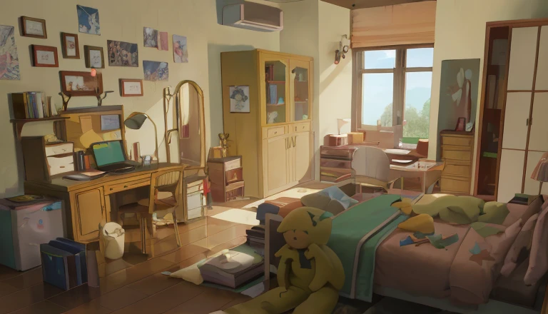 high quality, best quality, high details, ccurate, 4K
Indoor, Bedroom, Sunshine, Bed, Desk, Bookcase, Closet, doll, Wood floor, Window, Books, Mirror, Carpet, RefrigeratorIndoor, Bedroom, Sunshine, Bed, Desk, Bookcase, Closet, doll, Wood floor, Window, Books, Mirror, Carpet, Refrigerator