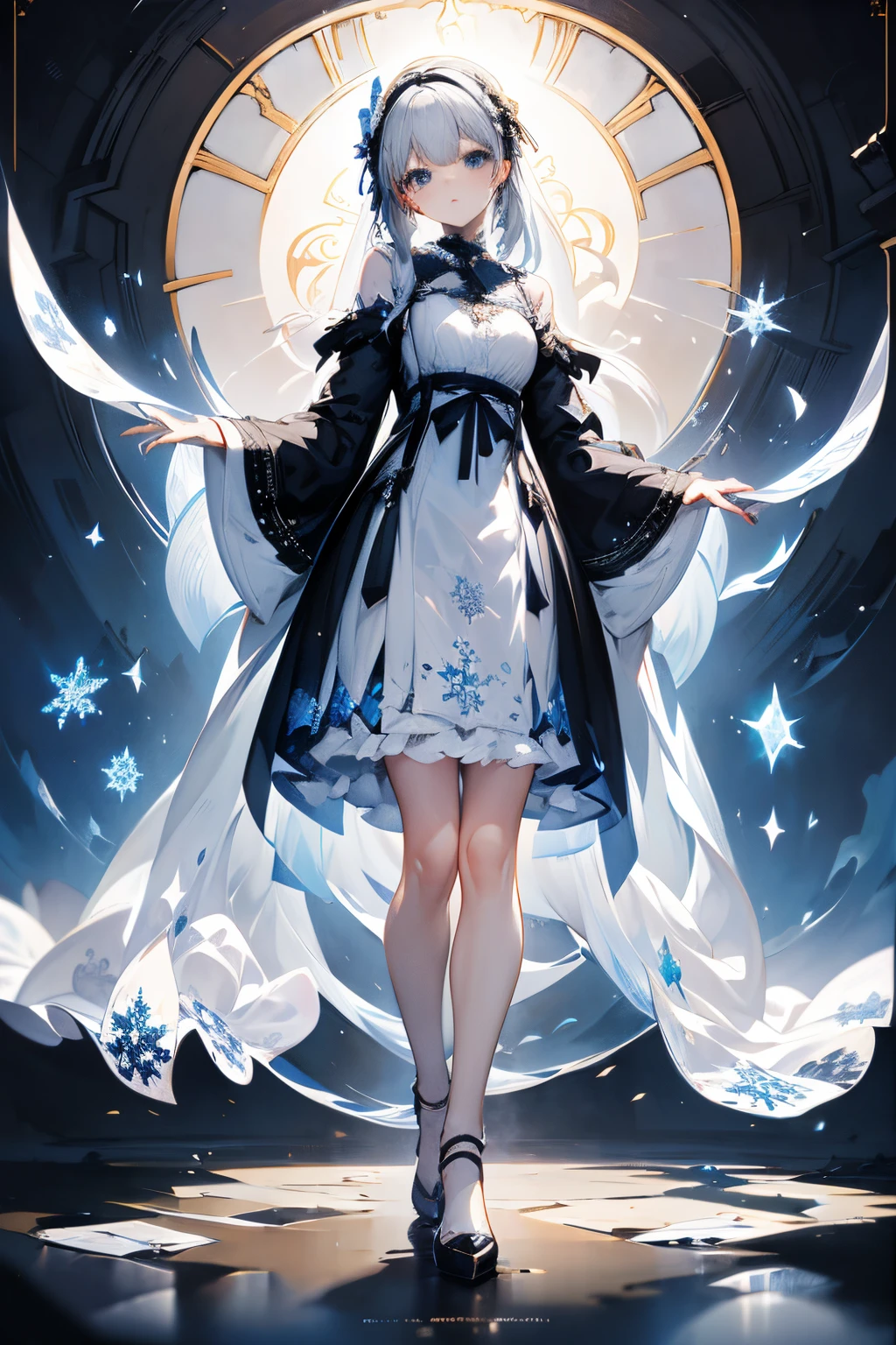 Long grey hair,blue color eyes,Snowflower,Snowflake pattern,multilayer lolita skirt,full body Esbian,full body standing painting
