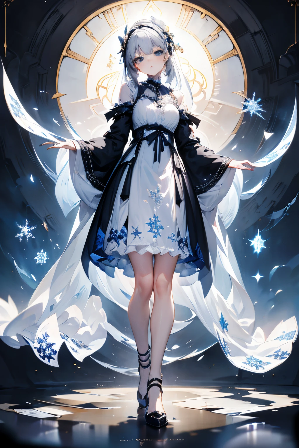 Long grey hair，blue color eyes，Snowflower，Snowflake pattern，multilayer lolita skirt，full body Esbian，full body standing painting