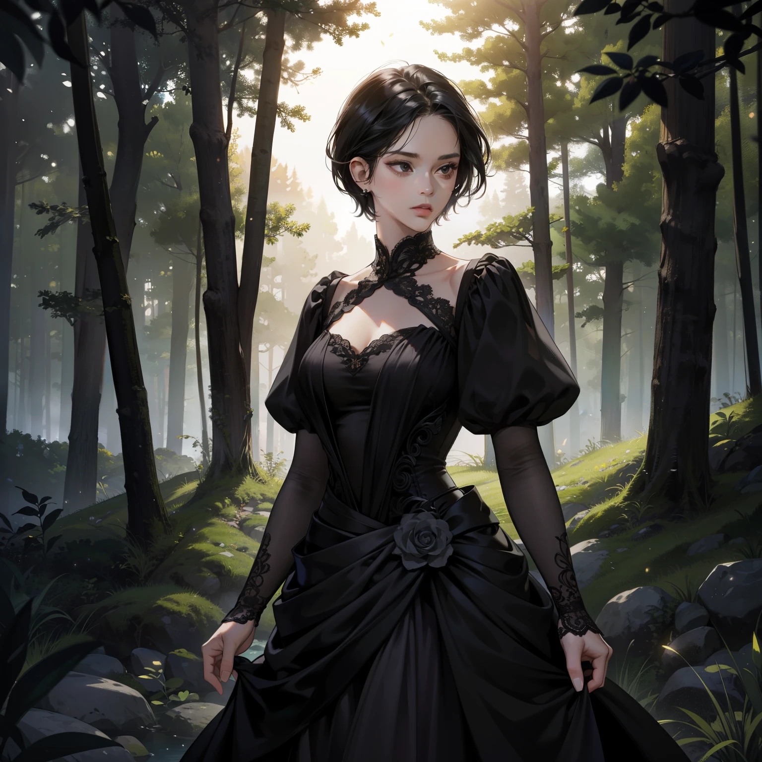 Masterpiece, high quality, best quality, HD, realistic, perfect lighting, detailed body, 1 woman, black eyes, short hair, Black Hair, glowing, black gown dress, forest background.