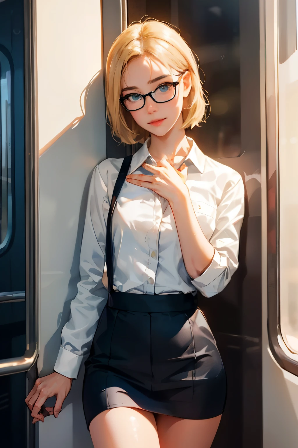 blond woman in glasses leaning against a wall on a train, with glasses, nerdy, hyperrealistic schoolgirl, a hyperrealistic schoolgirl, nerdy appearance, with square glasses, cute elegant pose, anime girl in real life, ilya kuvshinov style, with glasses on, casual pose, amouranth, sakimichan, attractive pose, very nerdy