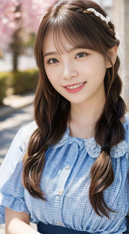 (8K、top-quality、masterpiece:1.2)、(reallistic、Photorealsitic:1.37)、The ultra-detailliert、1人、18year old、Medium chest、Beautie、Beautiful and perfect face、up close shot、Natural smile、独奏、holiday、Bustling street、shopping、Fashionable clothes、Redness of the nose)、(A smile:1.5)、(With mouth closed) 、beautidful eyes、(long:1.2)、Floating hair 、Middle hair、Gold Hair Medium Hair, (Golden hair), Ear Hair, small tits, single blingle bride braid),Checked shirt