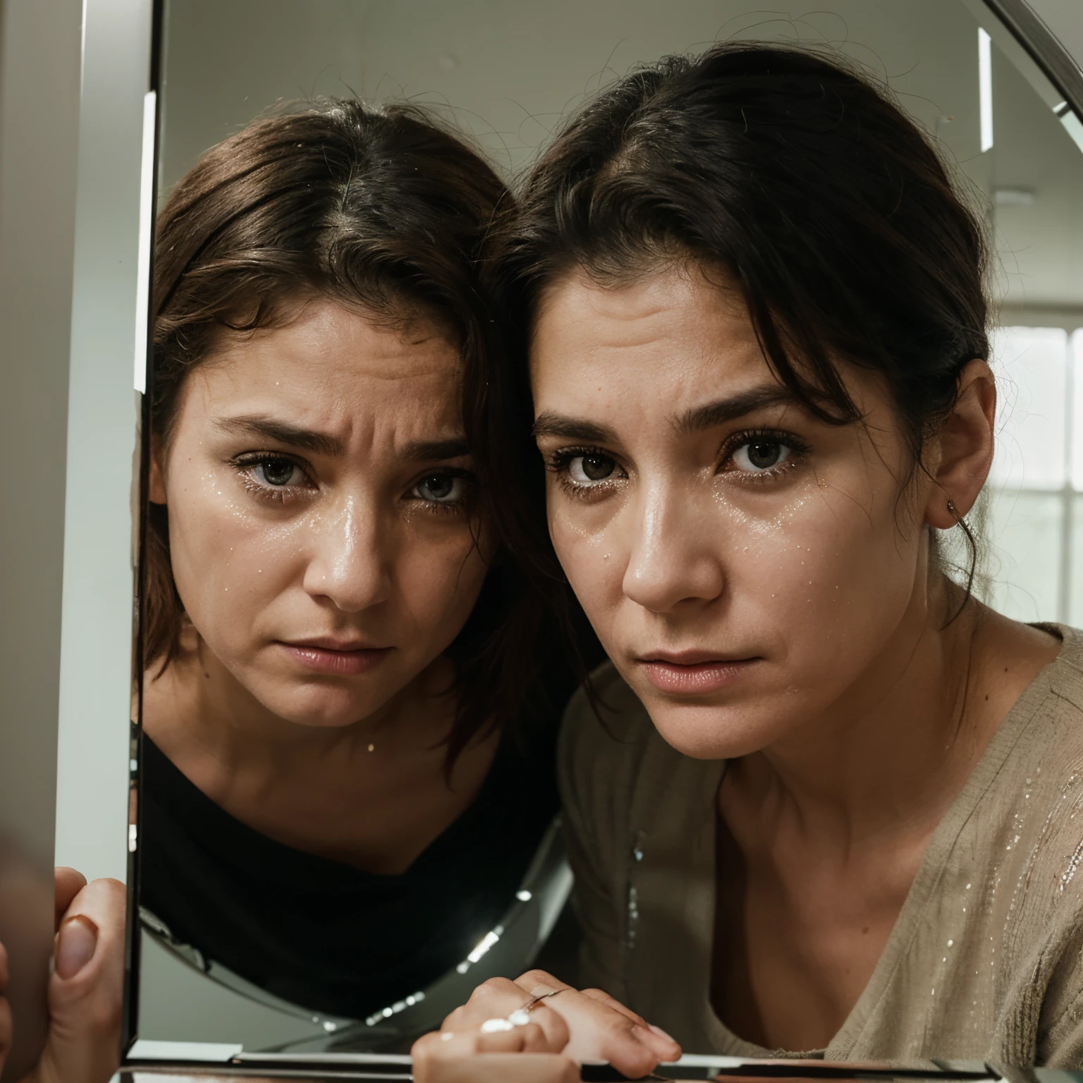 A middle aged women looking in the shattered mirror she brock and sees her younger self crying looking at her