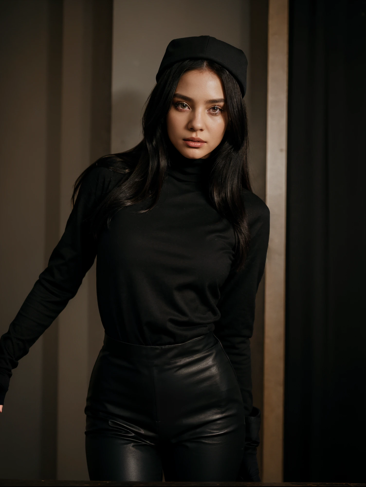 1girl, fashion photoshoot, long black hair, black baseball cap, black turtleneck shirt, brown long coat, black pants, black gloves, black boots, dynamic posing, elegant, modest, 50mm F1.7, photorealistic, half body portrait, vogue