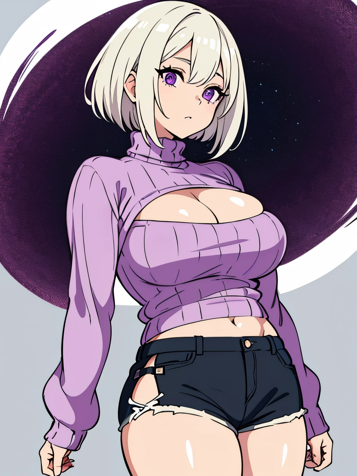 Masterpiece, best quality, background, details, shading, 1 girl thick, short side-cut white hair, purple eye, sweater Cleavage cutout, short shorts