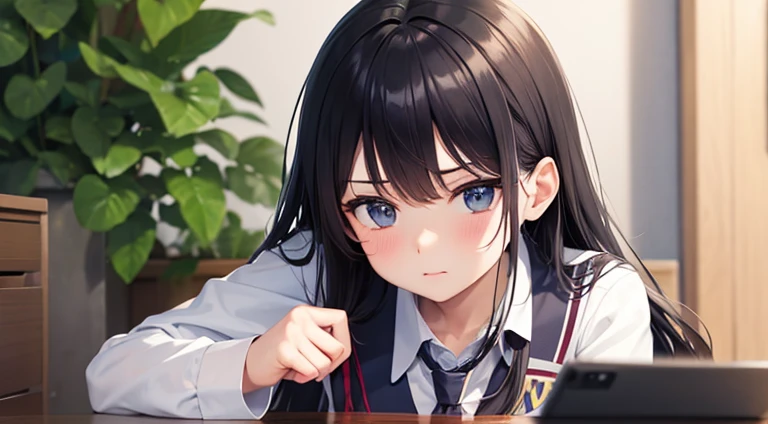 Hair loose, high school uniform, sulking