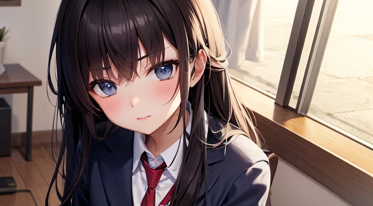 Hair loose, high school uniform, sulking