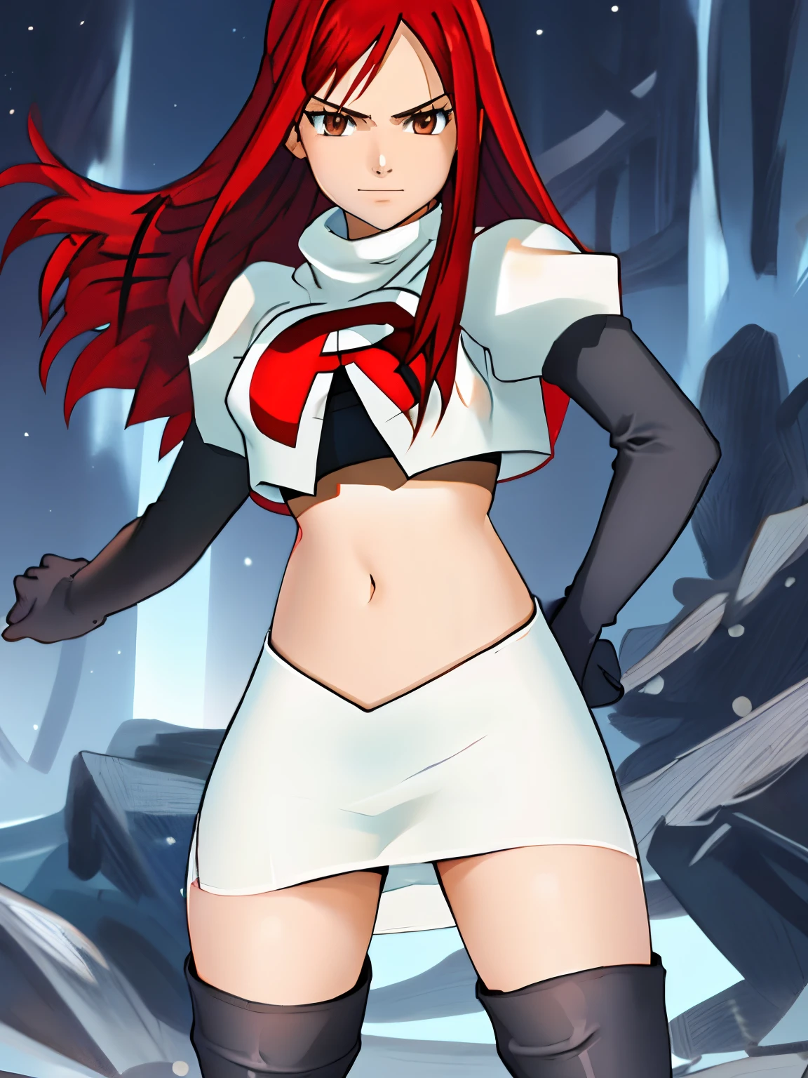 1girl, solo, erza scarlet, fairy tail, red hair, brown eyes, long hair, looking at viewer, serious, closed mouth, team rocket uniform, red letter R, white skirt,white crop top,black thigh-high boots, black elbow gloves, smile, looking at viewer, cowboy shot, sexy pose