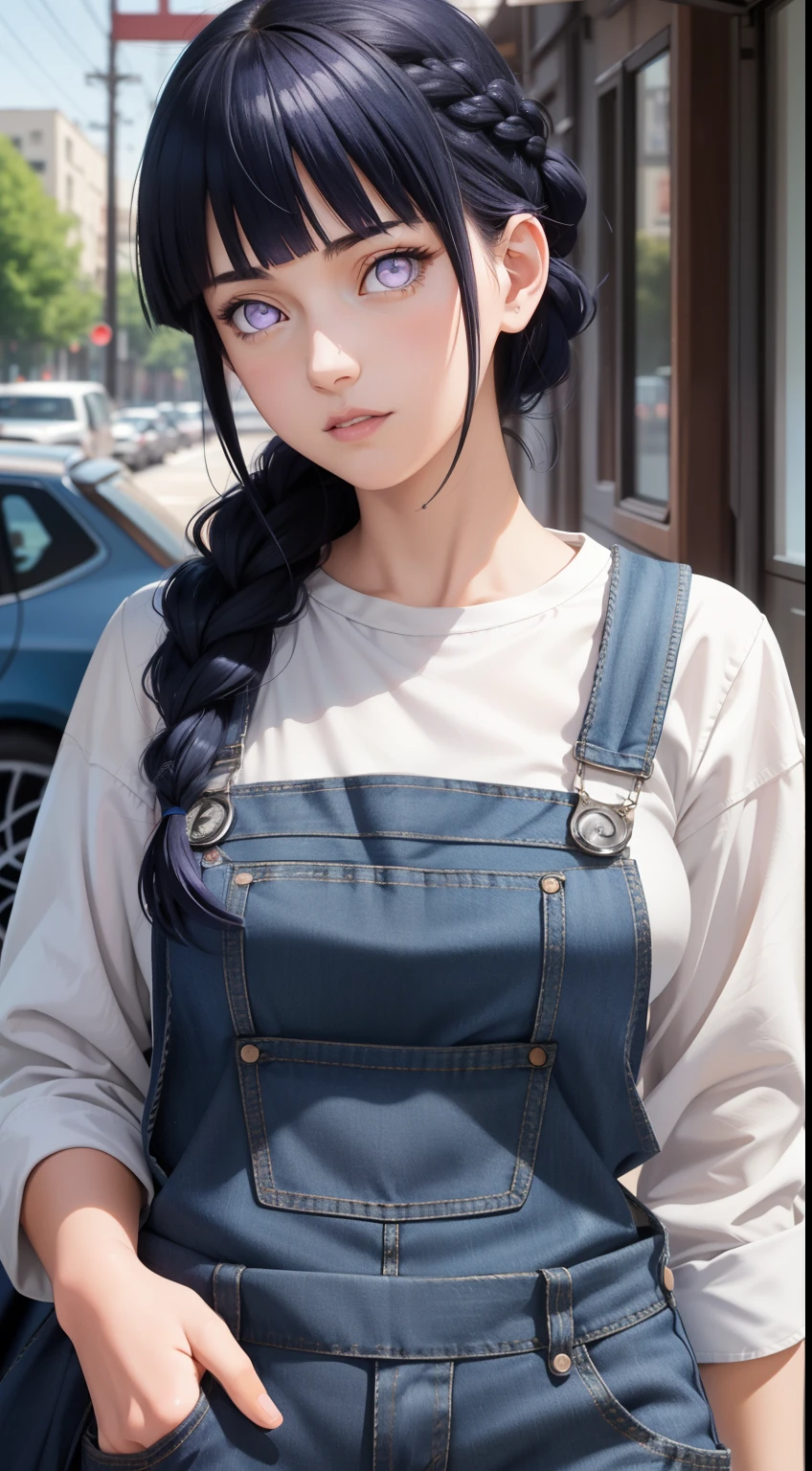 tmasterpiece, best qualityer, ultra - detailed, illustration,1girll,
long whitr hair,dark-blue hair,french braid,Purple eye,bluntbangs,cleavage,Large breasts
shirt,(jeans overalls:1.1),
mideum breasts,
looking at viewert,hyouka/(Boruto/),Detailed lips