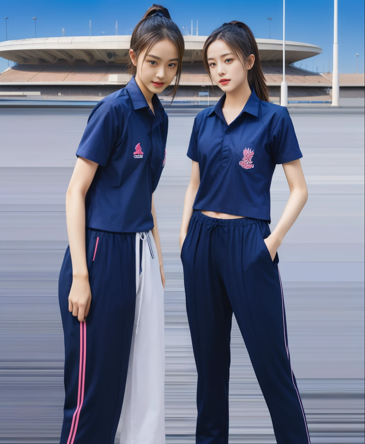(bestquality,10,10,highres,masterpiece:1.2),ultra-detail,(Realistic,photorealistic portrait,photo-realistic:1.37),1 Cute girl in the football field,oily shiny skin,bara,light smile,BDclothelue shirt:1.3)),short sleeves,shirt, trousers.,(navy_long_Pants Track:1.1), ((Stadium Background:1.3)),dynamic angle,excited,face focus,Dynamic Poses,from behide,Ass Focus,masterpiece, bestquality, ultra realistic, hyper-detail, 8k resolution, RAW photo, crisp focus, ((Navy blue shirt:1.1)), short sleeves, Long Path, Perfect body, 2 mature women, 18yo, cinematic light,Blue sweatpants,Gymware,Correct anatomy,Complete body, Correct body, sharp face, Anatomically correct body, full entire body, Realistic gestures, long-haired, Realistic poses,Wear long shorts...................................,Long leg span,Shapely,Sculpting Girl, Slender Figure, mannequin mannequins, Shapely, Beautiful body,Blue sweatpants, Two girls kissing
