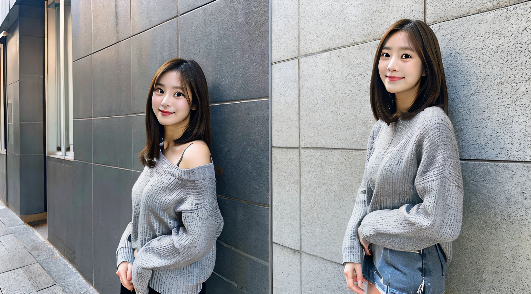 Cute 18 year old female college student wearing a gray miniskirt