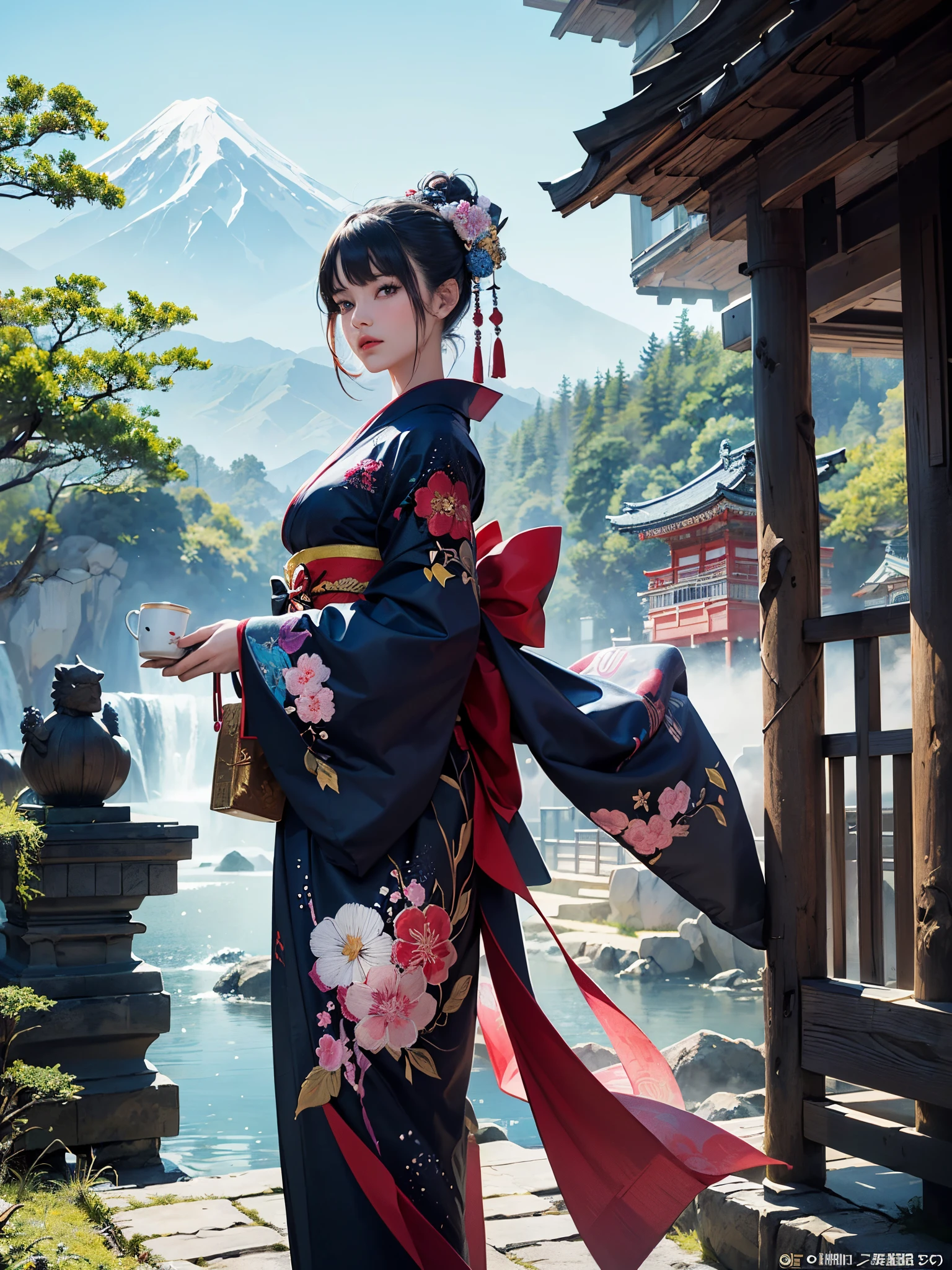 (masterpiece, top quality, best quality, official art, beautiful and aesthetic:1.2), (1girl),elaborate costume(Luxurious Japan kimono(Colorful kimono(detailed embroidery))), extreme detailed,(Fractal art),colorful,highest detailed,昼間のWestern castle in the background,having a tea party,