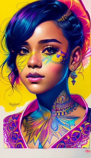 Young panamanian girl in a traditional pollera dress, short cirly haired, yellow, centered, key visual, intricate, highly detailed, breathtaking beauty, precise lineart, vibrant, comprehensive cinematic, Carne Griffiths, Conrad Roset, (the most beautiful portrait in the world:1.5)