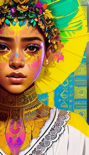 Young panamanian girl in a traditional pollera dress, short cirly haired, yellow, centered, key visual, intricate, highly detailed, breathtaking beauty, precise lineart, vibrant, comprehensive cinematic, Carne Griffiths, Conrad Roset, (the most beautiful portrait in the world:1.5)