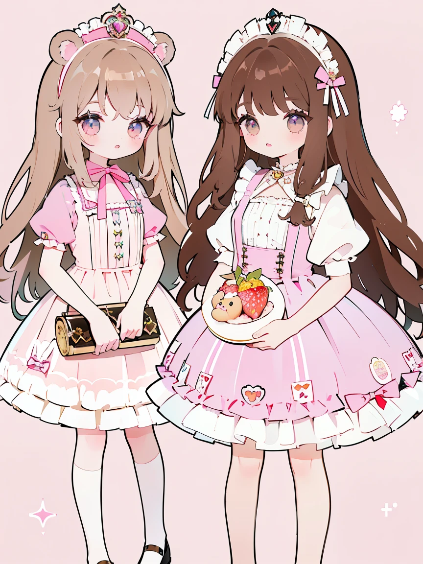 2girls、cute little、panoramic view, head to feet view, masterpiece, top-quality、Top image quality, a village bakery shop  table with beautiful highly detailed gold tier cake stand with whipped cream pastries fruits, slice of cake, bear shaped butter cookies,  french pastries, detailed coffee cup, background, loli cute waitress, miuna, slender, (brown hair:1.3), cute face, sparkle big brown lavender purple eyes long lashes, medium breasts, (long hair:1.2) detailed cute strawberry ribbon waitress head-dress, full body, (round face:1.4), (round chin:1.4), (glossy lips:1.2),jirai kei,Smile, BREAK, ((gothic lolita janska:1.5)), (Wain reddo jewelry decorated waitress dress, striped pink white and brown dress, pastel color lace decoration), muted colors, pale pastel colours, ((Princess in a gorgeous rococo ball gown decorated with beautiful pink white strawberry and gold embroidery and jewels, with a voluminous full-length hoop skirt with ruffles)), ((crinoline)), (sparkle) of the anime girl, normal hands, detailed five fingers on each hand, 2 hands, 2 legs, 2 feet, white stocking, thigh-highs, lace, brown heel shoes open toe, standing in a dynamic pose, adorned with kawaii accessories cute teddy-bear charms, detailed ((golden chain attached to a brown teddy-bear face plush purse)), hair accessory, at background, detailed cute fluffy brown bear, soft warm inviting,pastel brown, white, yellow, light pink colors,  striped pink white and pink bakery party, illustration in the style of @ekureea on X twitter, Lolita glam dress, art by @hareroom1 on Twitter, beautiful line art, manga, beautiful line art, manga style, manga art style, pencil and ink caricature drawing, flat colours, detailed, attention to detail,