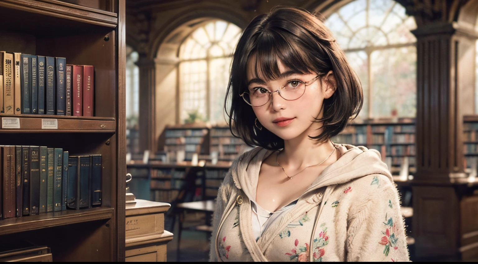 136
(a 20 yo woman,i'i'I'm in a dark library), (A hyper-realistic), (high-level image quality), ((beautiful hairstyle 46)), ((short-hair:1.46)), (Gentle smile), (breasted:1.46), (lipsticks), (wears glasses,wide,atlibrary), (florals), (wearing hoodies)