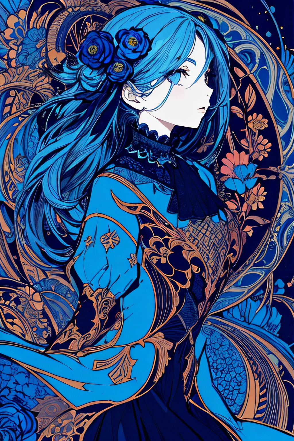 masutepiece, Best Quality, 1girl in, Flowers, Flat color, linear art, Abstract, ornate, Blue theme