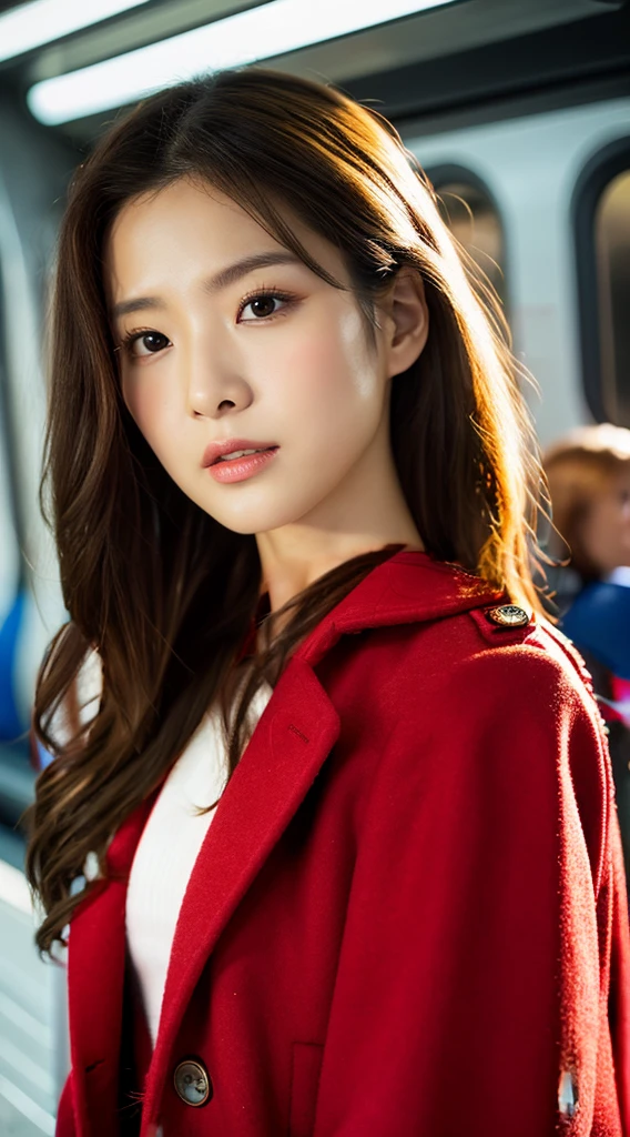 A woman wearing a plain red coat