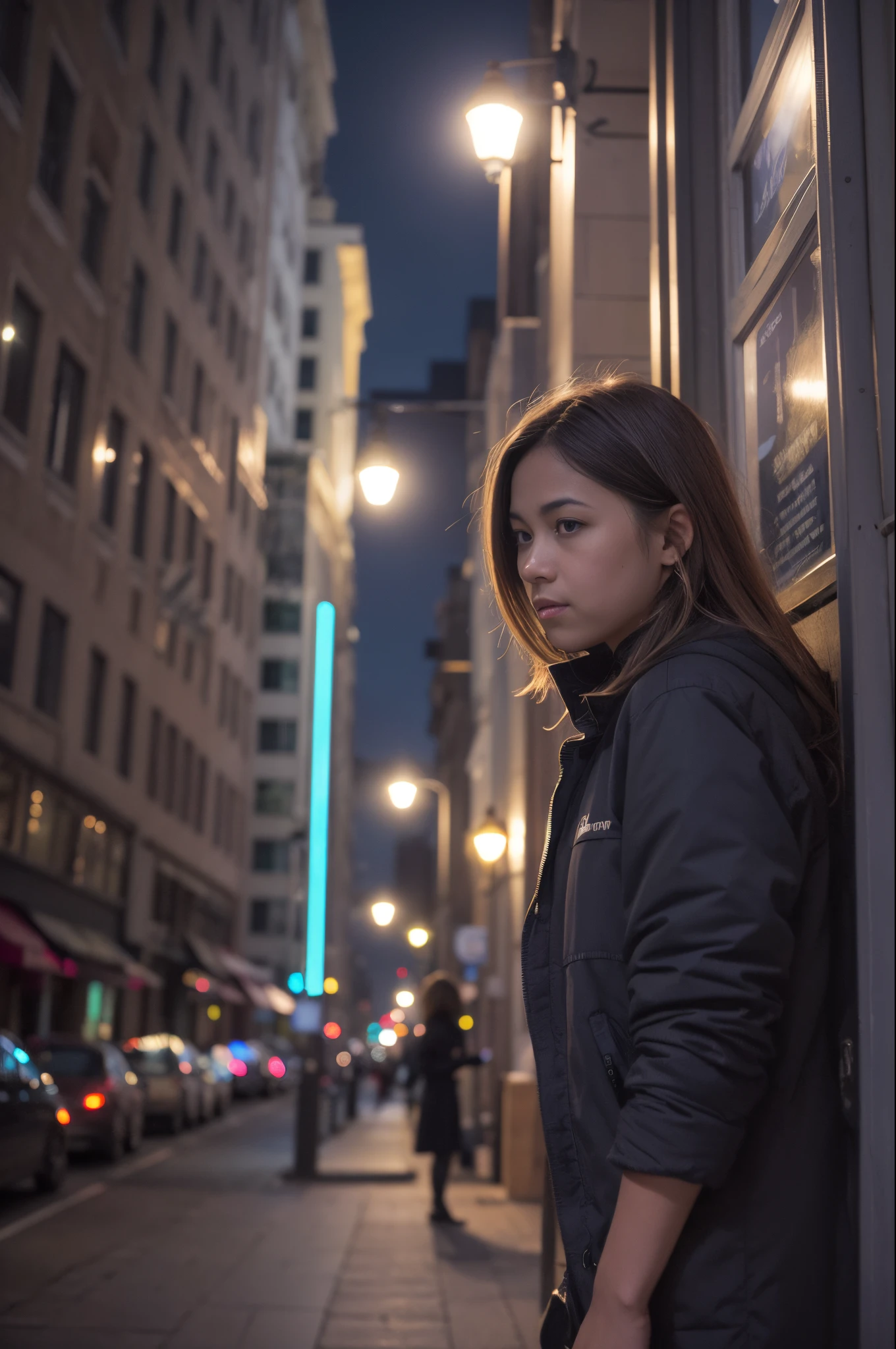 A poorly lit night photo of a woman outside in the city at night,