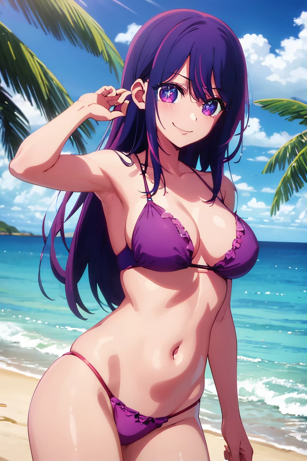 ​masterpiece、ighly detailed、(1 girl in:1.2)、purple color  hair、pink bikinis、big eye、a closeup、A smile、8K 、Ai Hoshino、beach