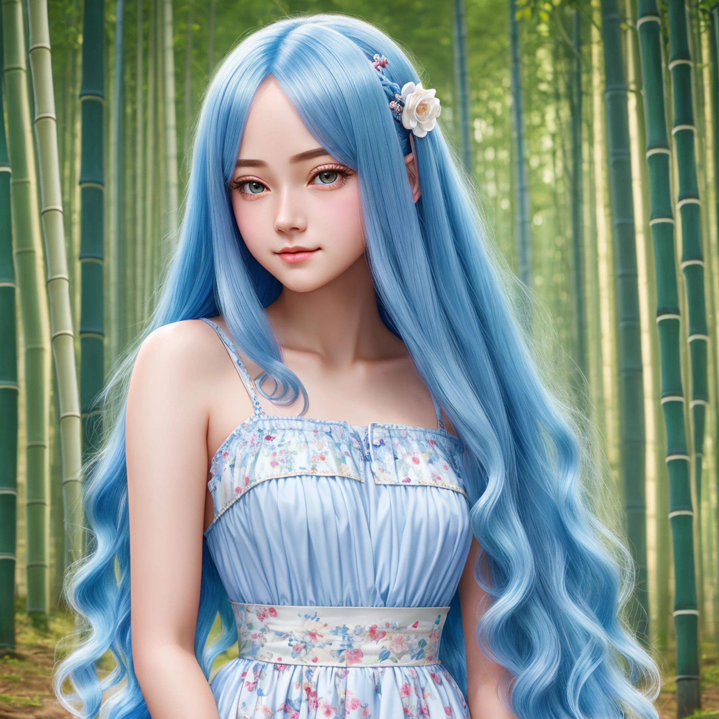 Masterpiece, Best Quality, Official Art, 8k Wallpaper, Very Detailed, Illustration, 1 Girl, Sky Blue Hair, Long Hair, Detailed Eyes, Forrest Gump, Bare Shoulders, Hanfu, Lake, Pure, Soft Smile, bamboo, tea