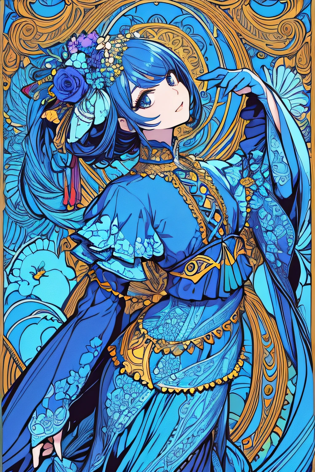 masutepiece, Best Quality, 1girl in, Flowers, Flat color, linear art, Abstract, ornate, Blue theme