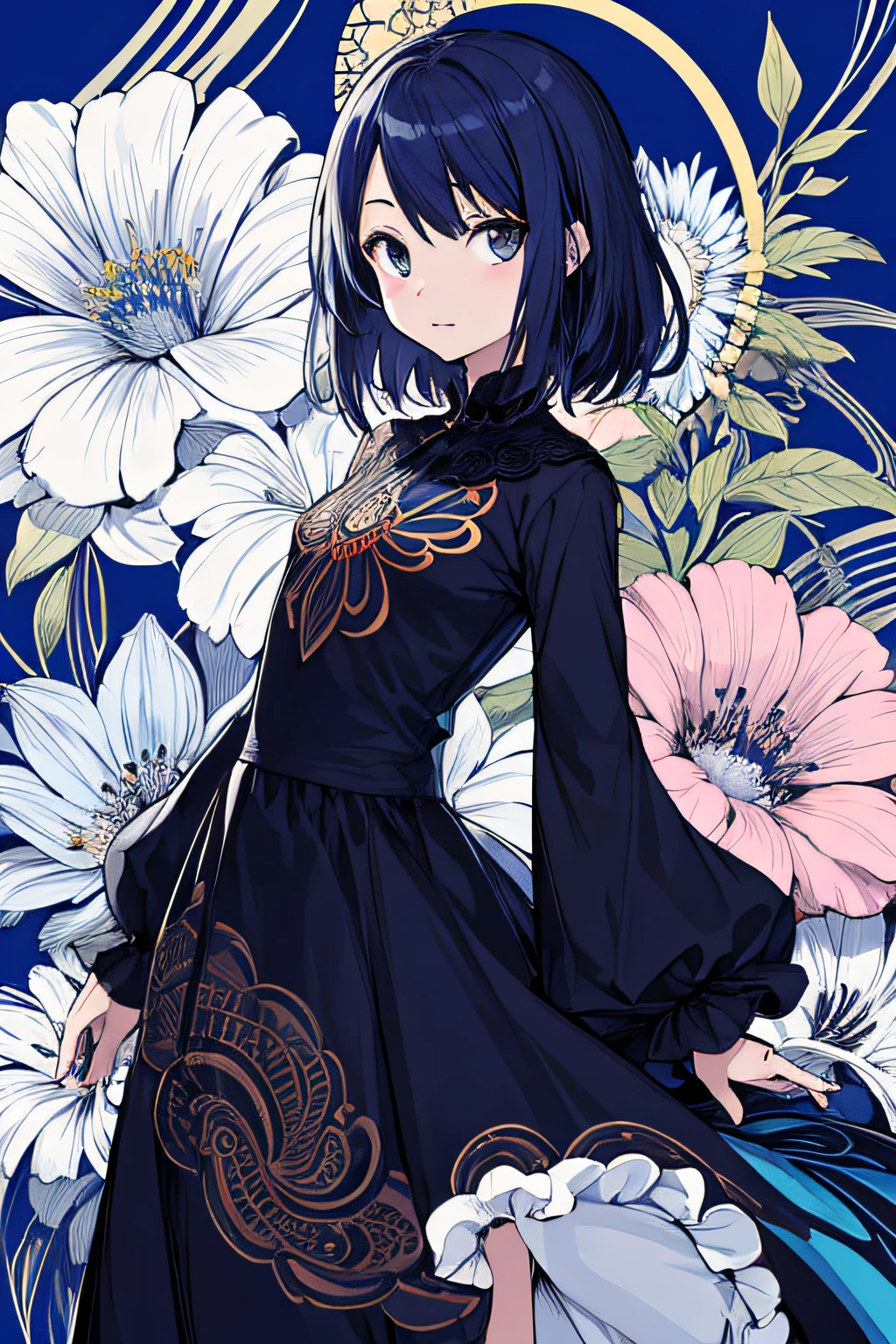 masutepiece, Best Quality, 1girl in, Flowers, Flat color, linear art, Abstract, ornate, Blue theme