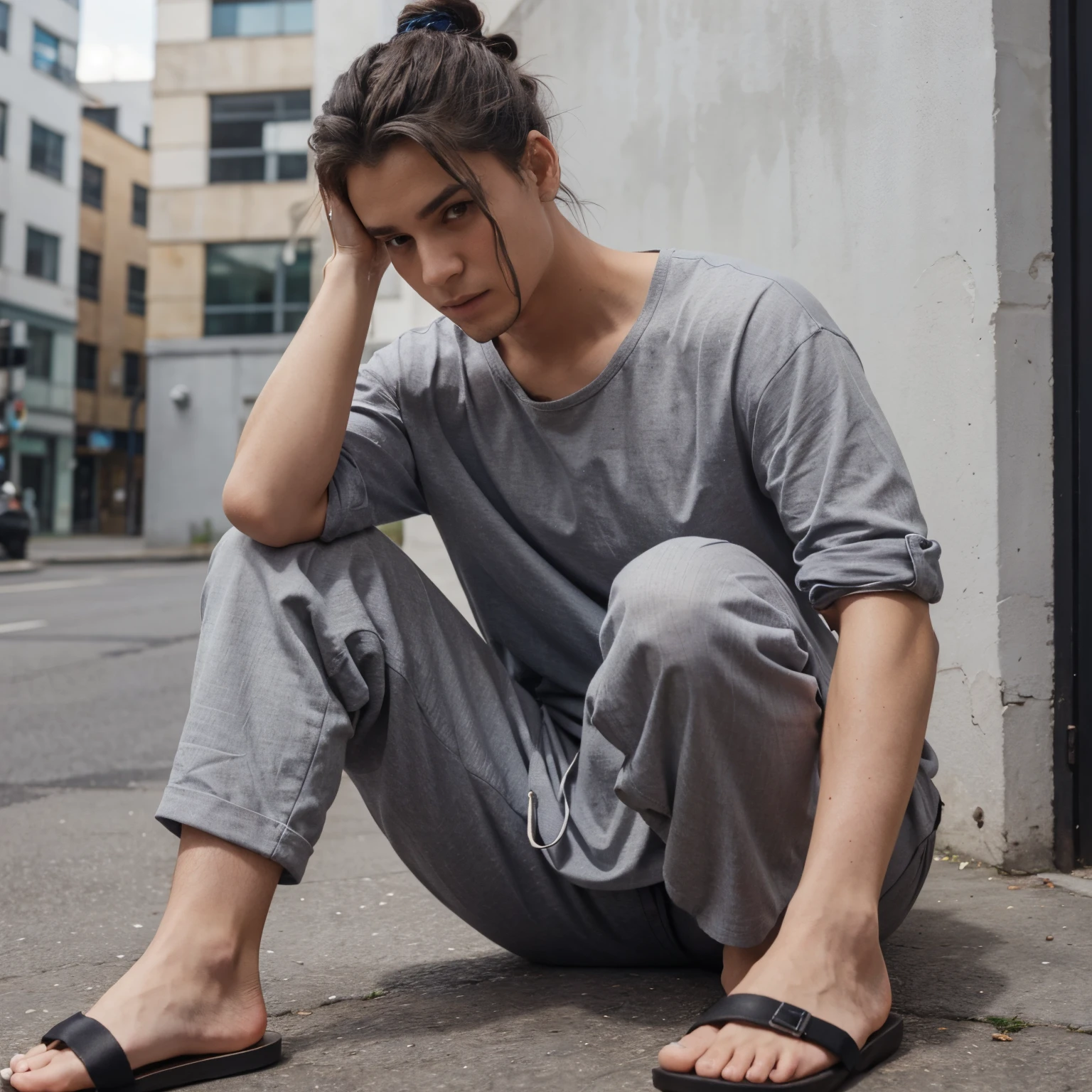 The person with his hair tied up is wearing a gray shirt, black trousers and blue sandals