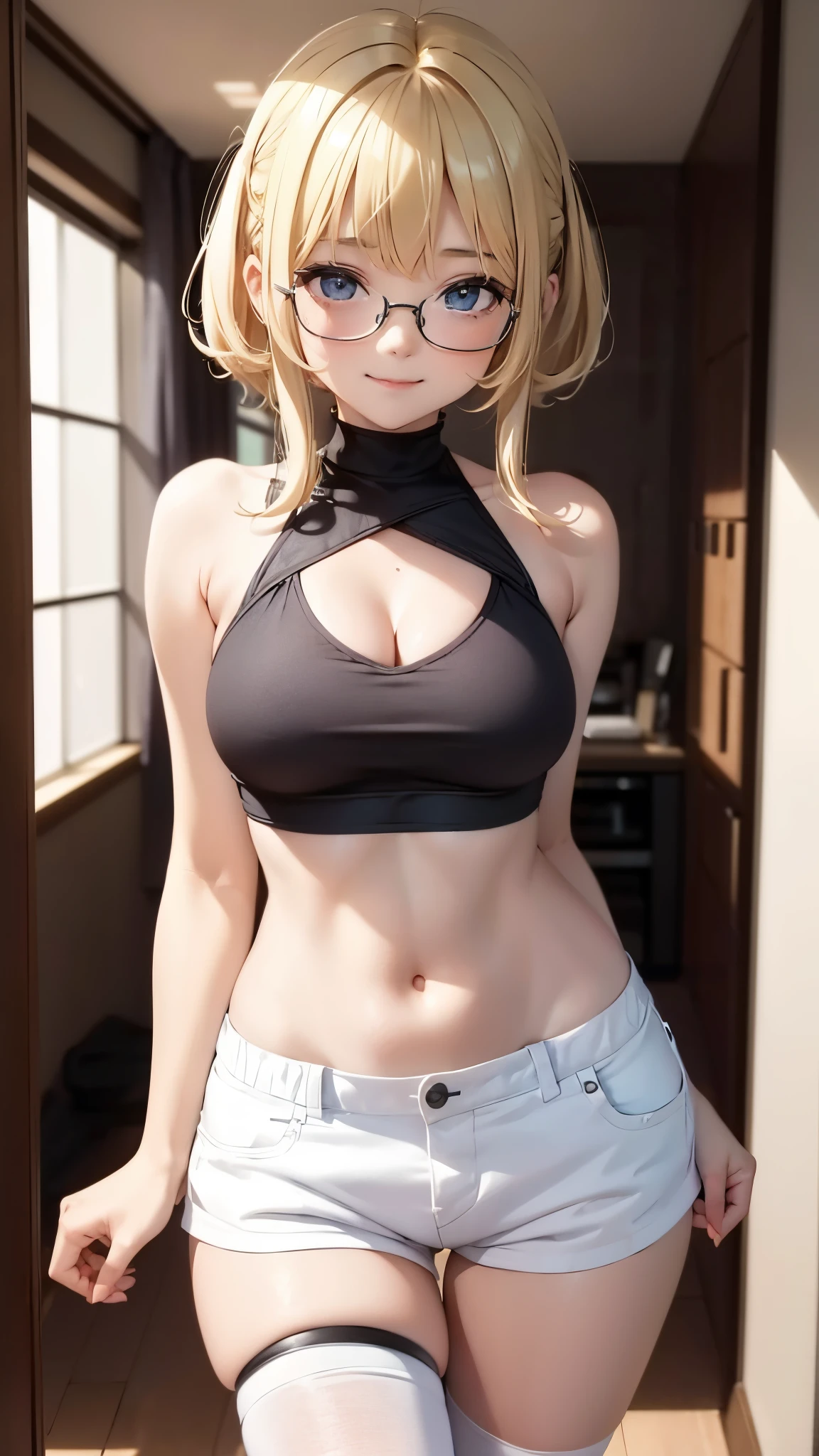 1 girl, bangs, **** body, 14 year old girl, crop top, blonde hairstyles, sexy cleavage, mouth, round breasts, ass facing viewer, back on screen, smiling, tight, micro shorts 1.8, Ultra -HD | |, 4k image, glasses, character near the camera, sensual poses