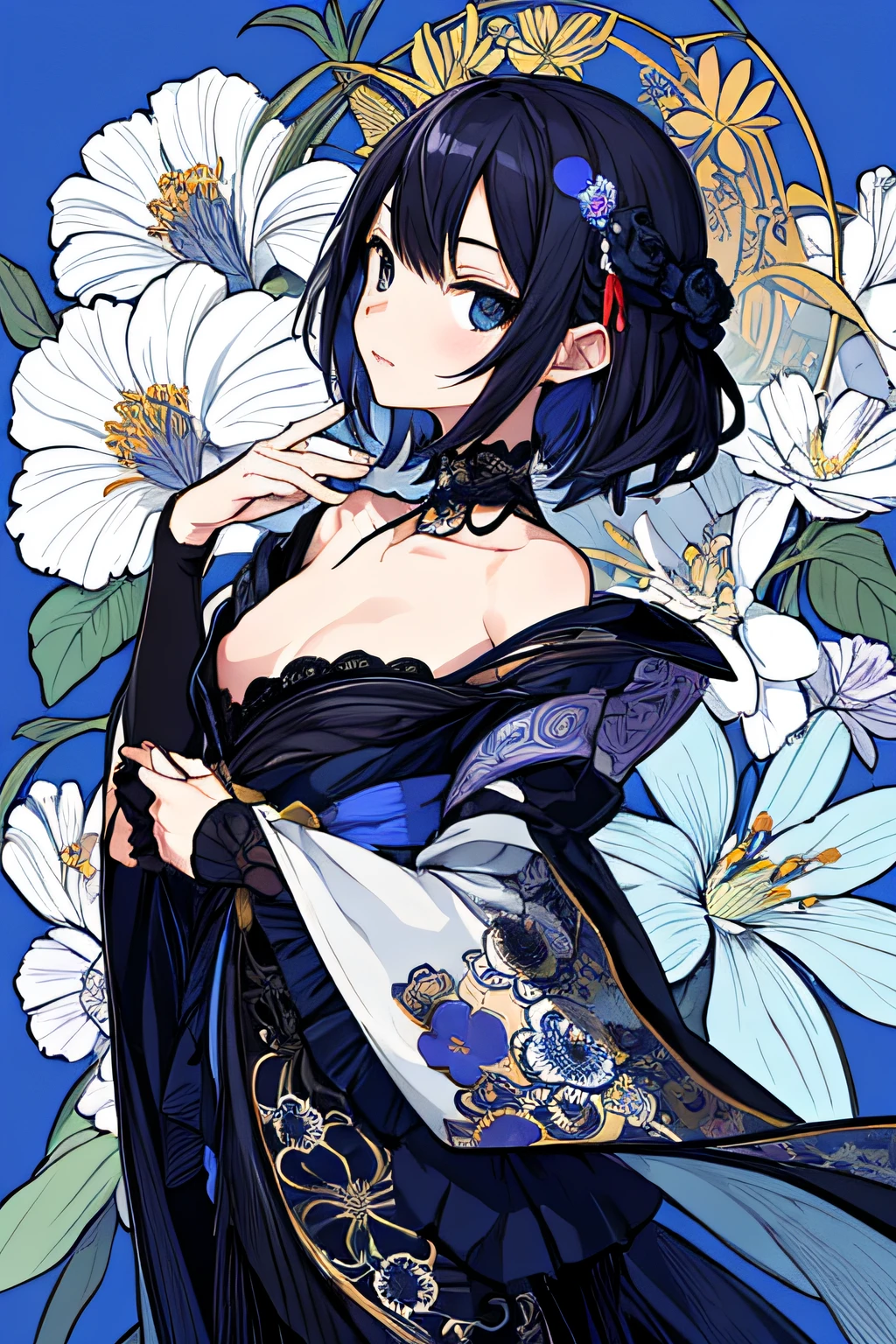 masutepiece, Best Quality, 1girl in, Flowers, Flat color, linear art, Abstract, ornate, Blue theme