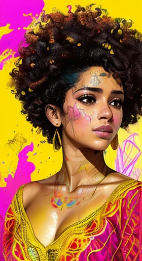Young panamanian girl in a yellow traditional dress, short curly haired, centered, key visual, intricate, highly detailed, breathtaking beauty, precise lineart, vibrant, comprehensive cinematic, Carne Griffiths, Conrad Roset, (the most beautiful portrait in the world:1.5)