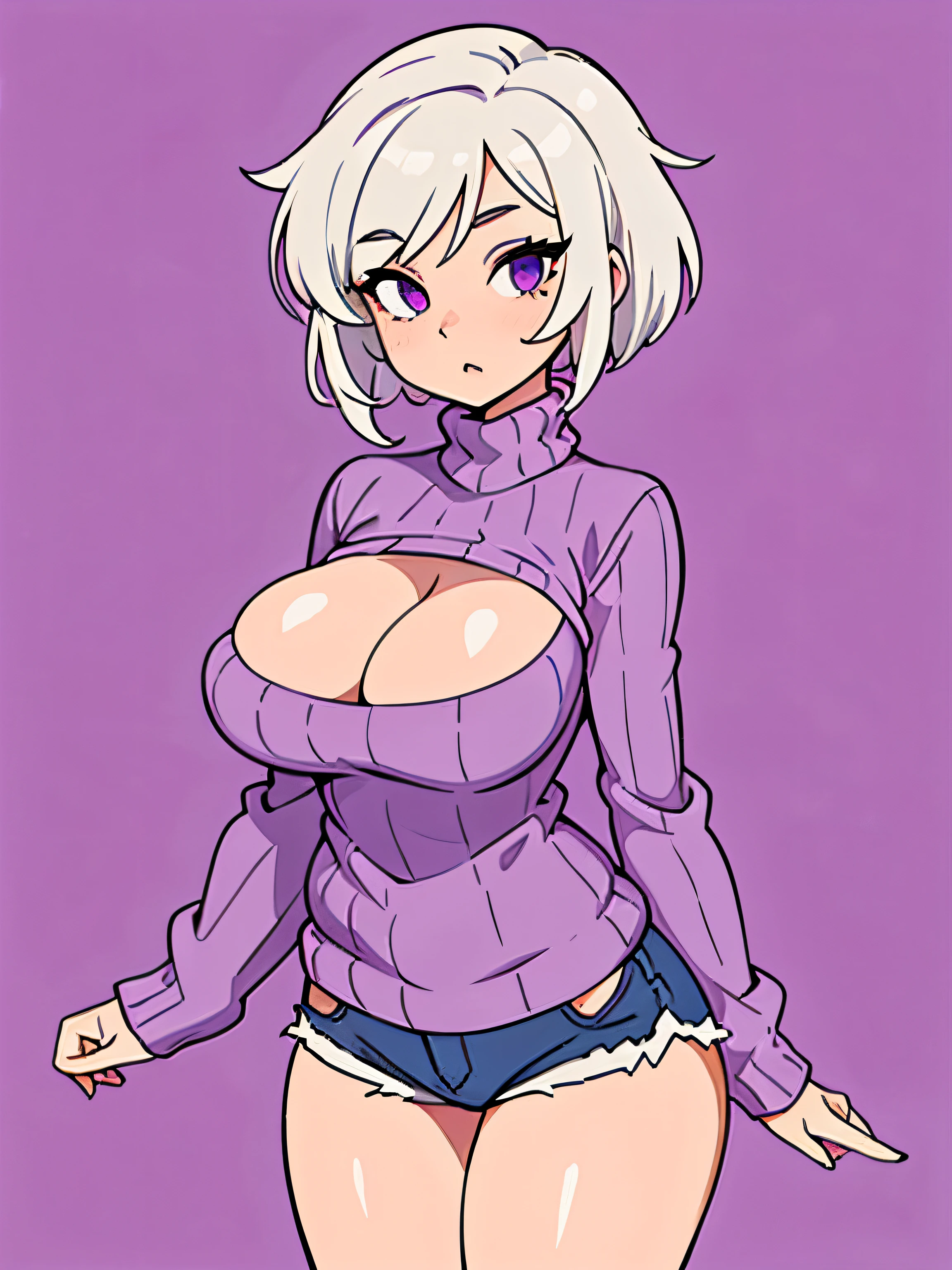 Masterpiece, best quality, background, details, shading, 1 girl thick, short white hair, purple eye, sweater Cleavage cutout, short shorts