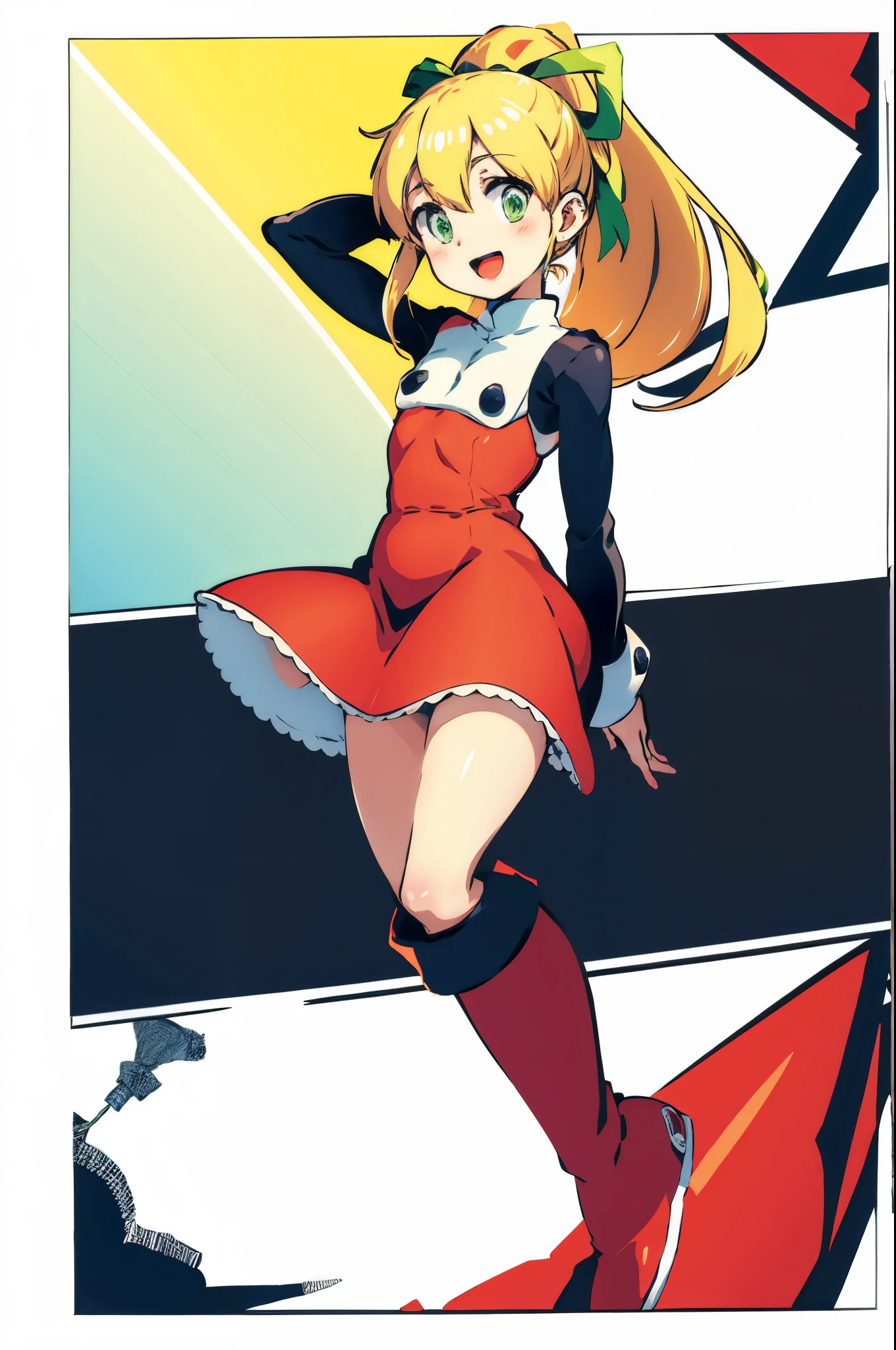 masterpiece, high quality, megamanroll, 1girl, solo, green eyes, blonde hair, ponytail, ribbon, open mouth, boots, dress, smile, long hair, knee boots, full body, white background, red dress, hair ribbon, arm up, red footwear, long sleeves, red skirt, :d, green ribbon, looking at viewer, sidelocks, skirt