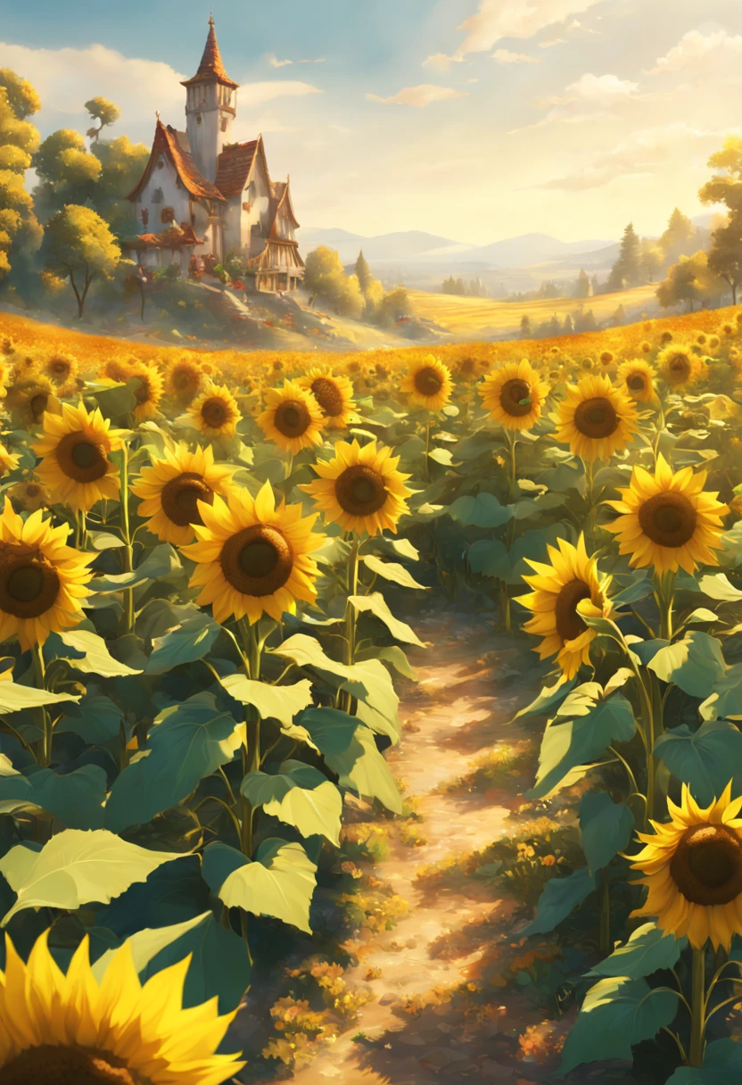 Sunflowers shine brightly,It’s like a fairyland. The movie scene has a detailed depth of field. There are no characters in the master’s work.